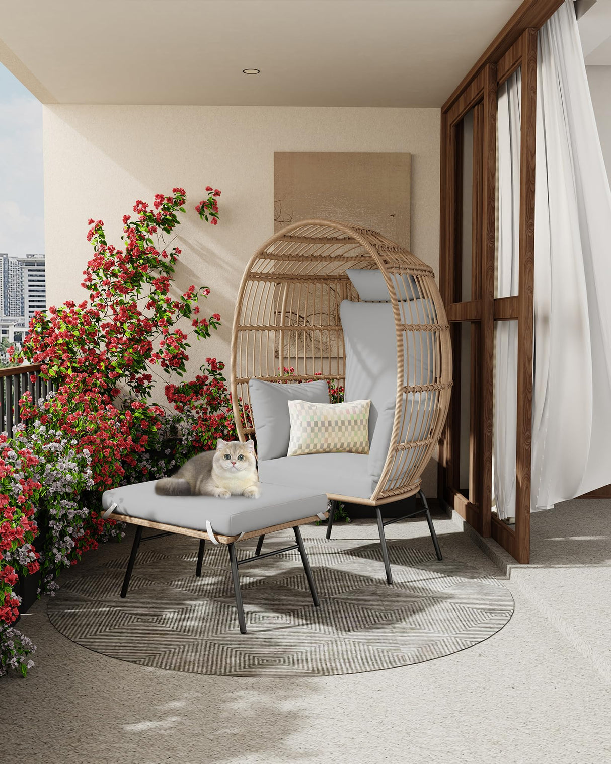 GarveeLife Oversize Wicker Egg Chair with Ottoman, Egg Shaped Lounge Chair with Thick Cushion, Comfy Egg Rattan Seat for Indoor Outdoor Patio Porch Backyard, Grey GarveeLife