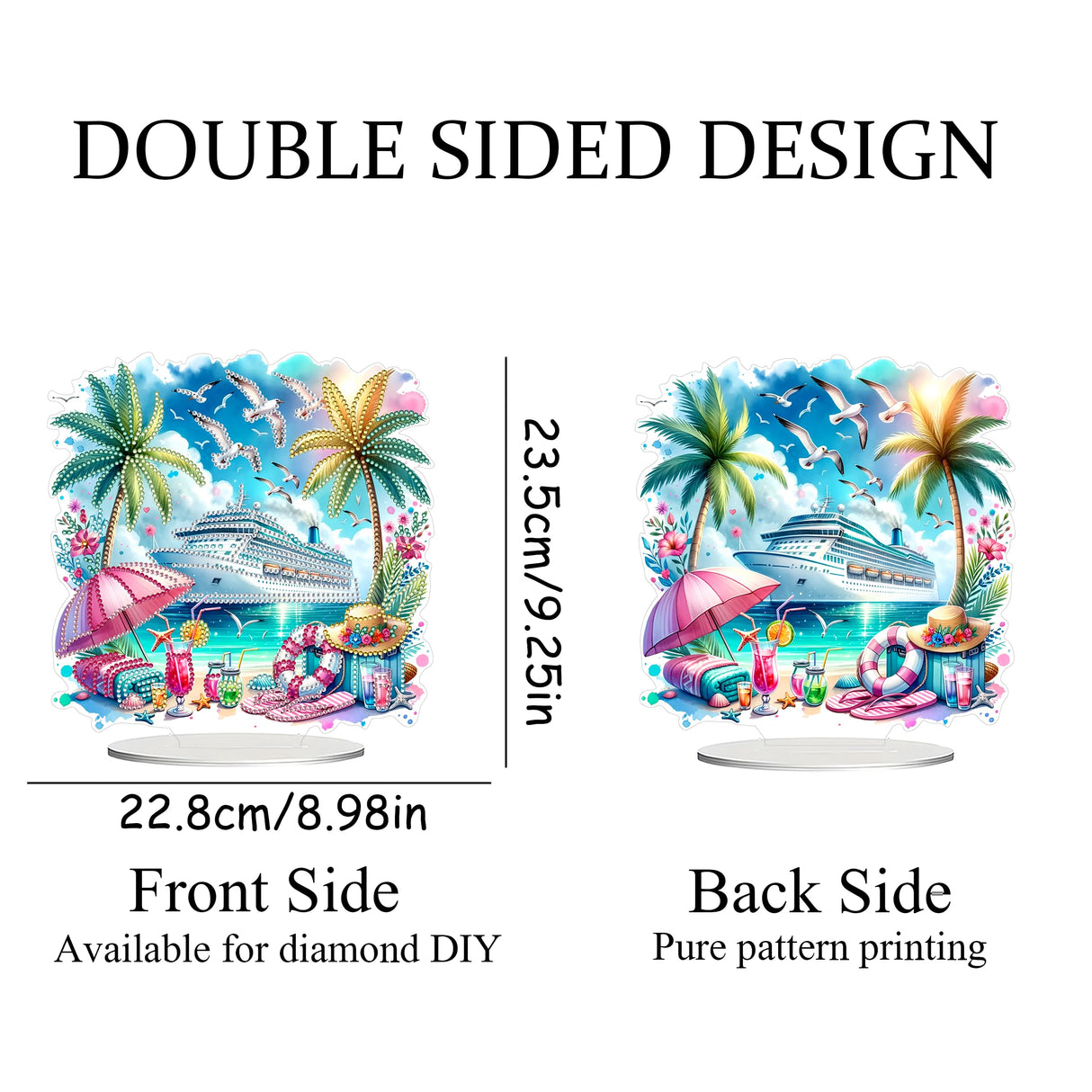 JJFox DIY Tabletop Diamond Art Painting Kit,Double Sided Desktop Ornament Special Shaped Rhinestone Desk Placement Ornament,Home Stand Up 5D Gem Painting Craft Kit,Gift (Summer Beach) JJFox