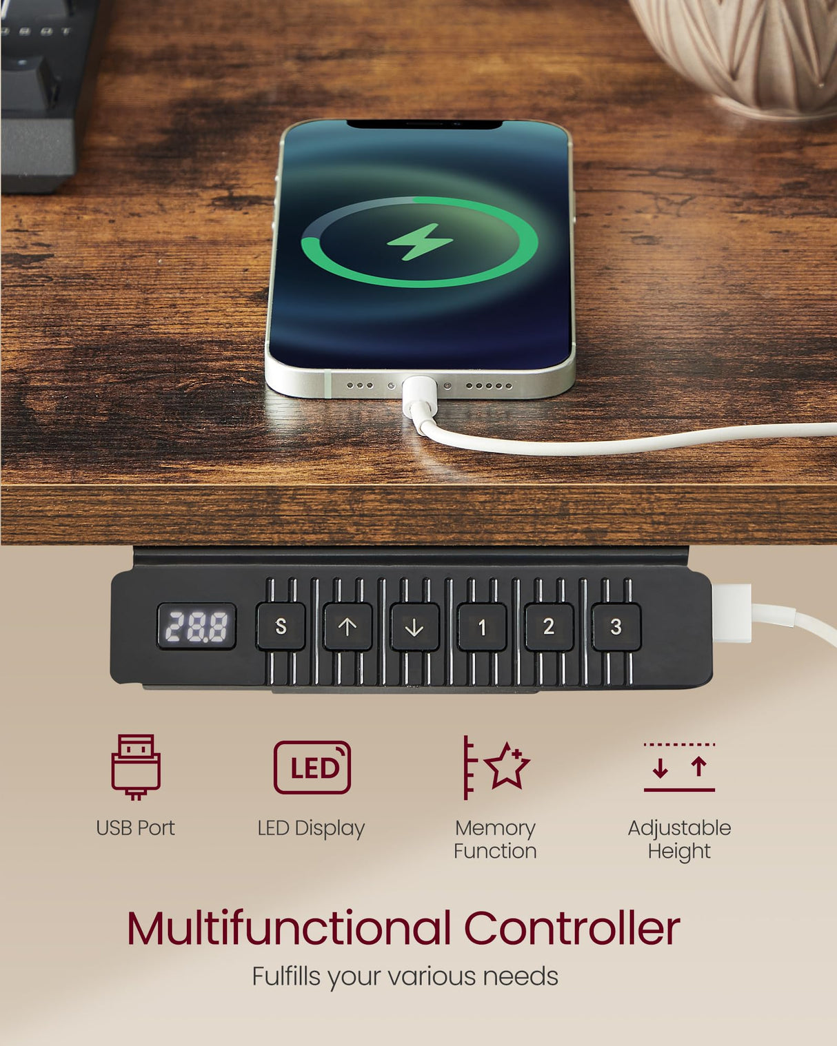 VASAGLE Electric Standing Desk with Drawers, Sit Stand Desk with Built-in Power Strip, Adjustable Height, 23.6 x 55.1 Inches, 2 Hooks, Memory Function, for Home Office, Rustic Brown ULSD184X21 VASAGLE