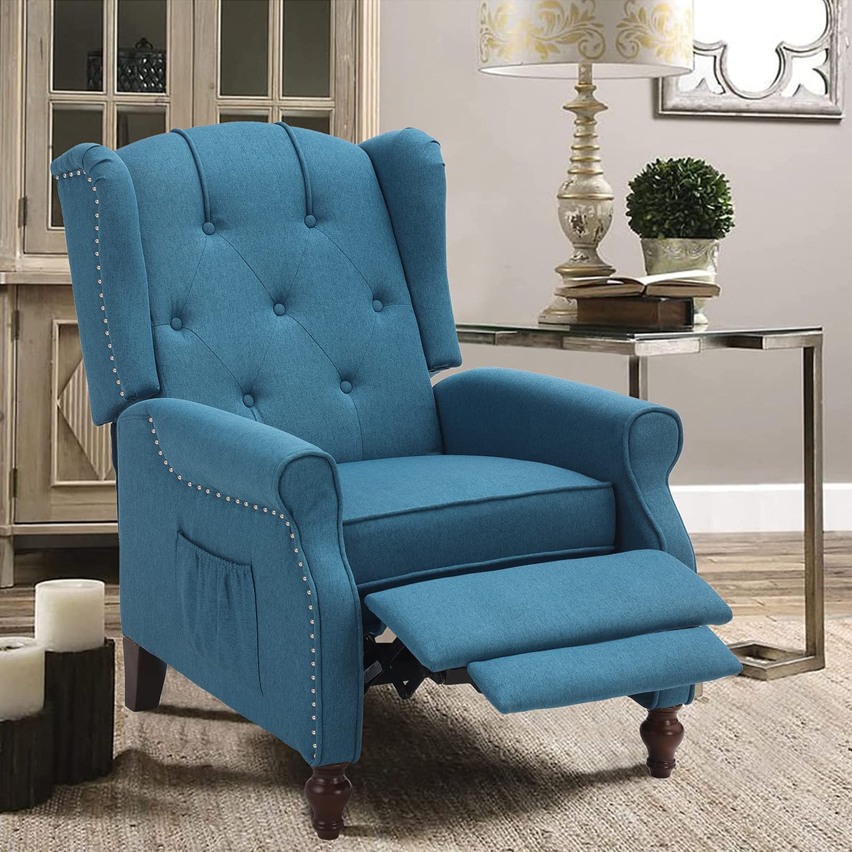VUYUYU Wingback Recliner Chair, Push Back Arm Chair with Heat and Massage, Tufted Single Sofa for Home, Living Room, Office, Bedroom (Blue) VUYUYU