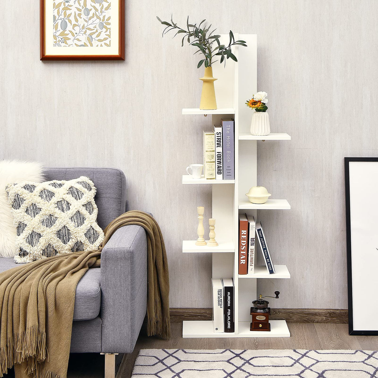 Tangkula 8 Shelf Bookshelf, Wood Tree Bookcase with 8 Book Shelf, 20 x 8 x 55.5 Inch, Freestanding 8 Tier Storage Display Shelf with Anti-toppling, Corner Shelf for Living Room Home Office (White) Tangkula