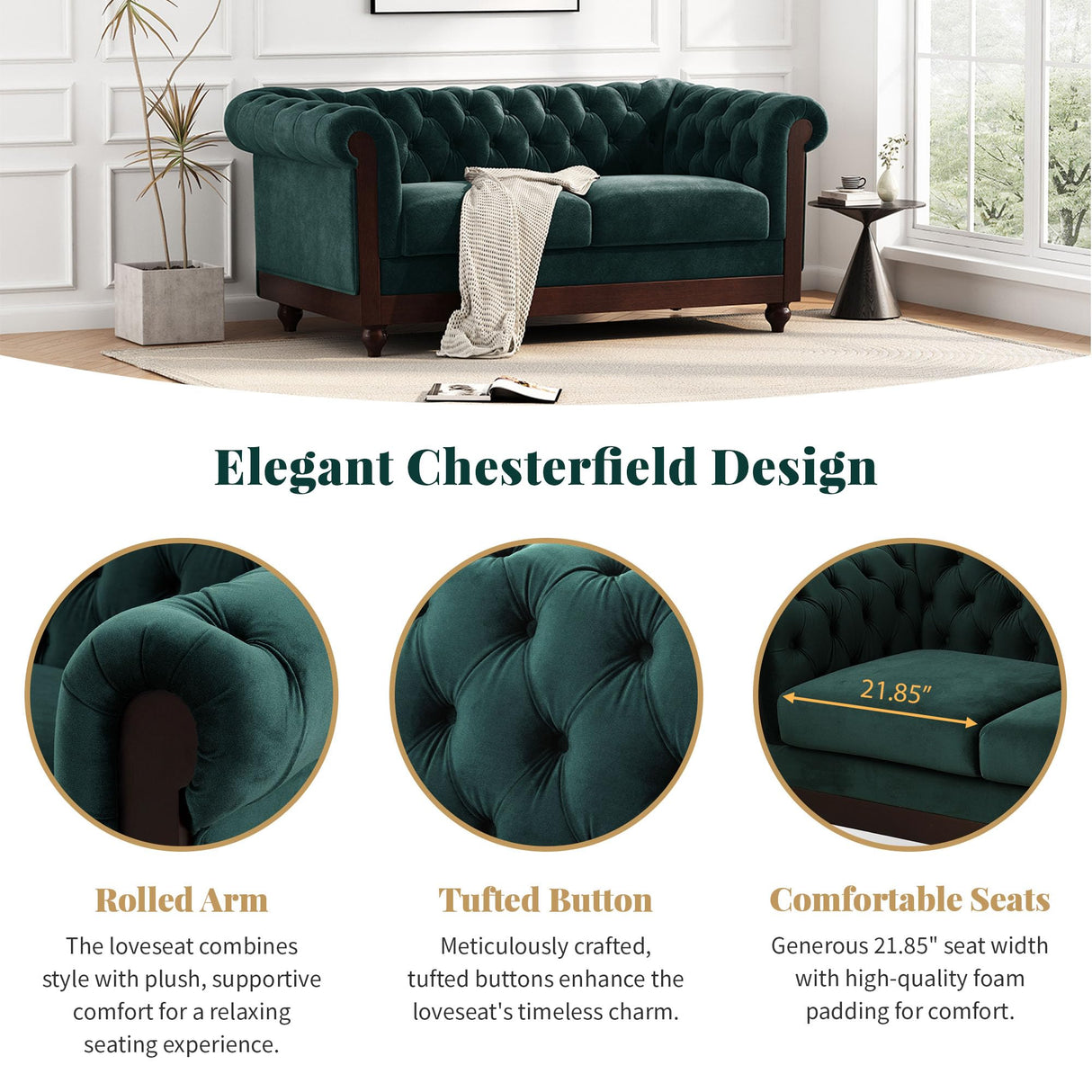 Merax Velvet Chesterfield Sofa, Retro Style Upholstered 3 Seater Leather Couch Rolled Arm for Living Room Bedroom Office, Dark Green Merax