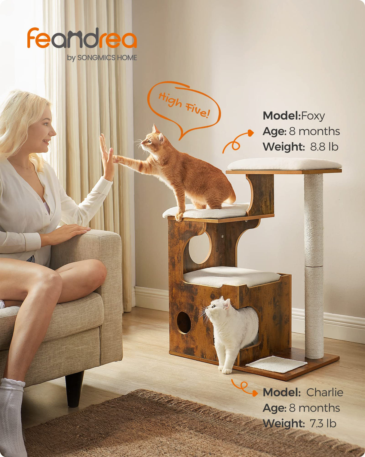 Feandrea 33.9-Inch Cat Tower, Medium Cat Tree with 3 Beds and Cave, Cat Condo Made of MDF with Wood Veneer, Sisal Post and Washable Faux Fur, Vintage, Rustic Brown and White UPCT70HW Feandrea