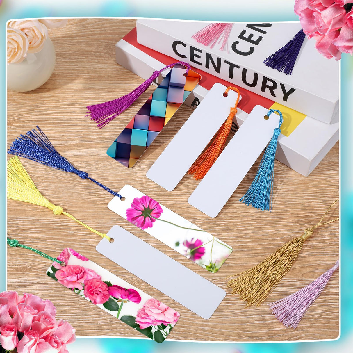 ZhouBoat 50 Sets Sublimation Blank Bookmarks, DIY Blank Aluminum Metal Bookmarks with Clear Bookmark Sleeves Tassels and Self-Sealing Bags for Crafts Birthday Reading Back to School Supplies ZhouBoat