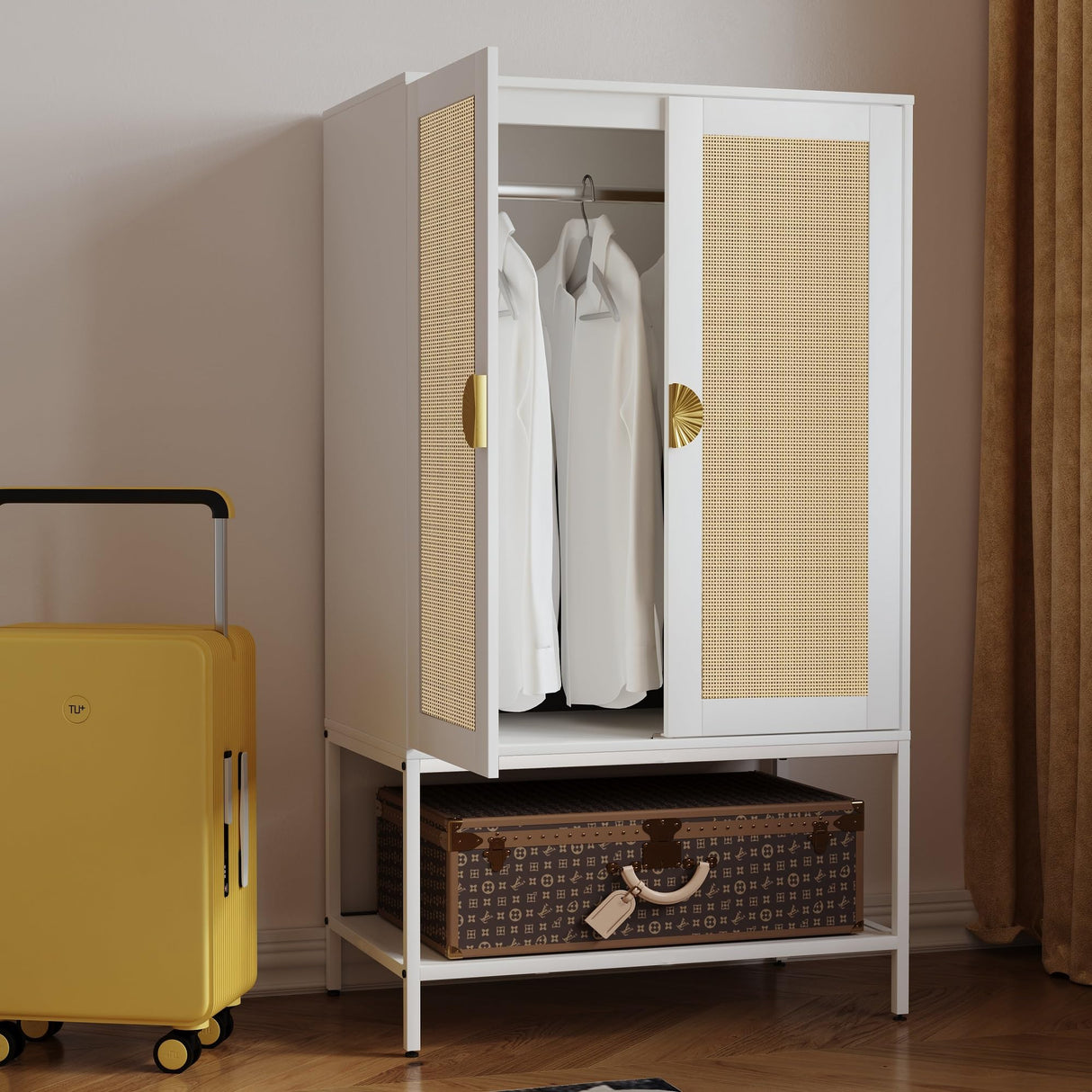 MtuxuYR Wardrobe Closet with Natural Rattan Doors Bedroom Armoires Closet Wardrobe Closets with Metal Frame Wooden Wardrobe Closet for Apartment Small Armoire for Office(White) MtuxuYR