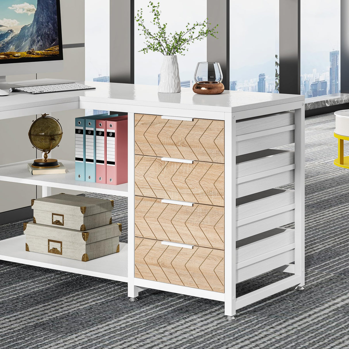 Tribesigns L Shaped Computer Desk with Storage Drawers, 59 inch Corner Desk with Shelves, Reversible L-Shaped Office Desk Study Writing Table Workstation for Home Office, White Tribesigns