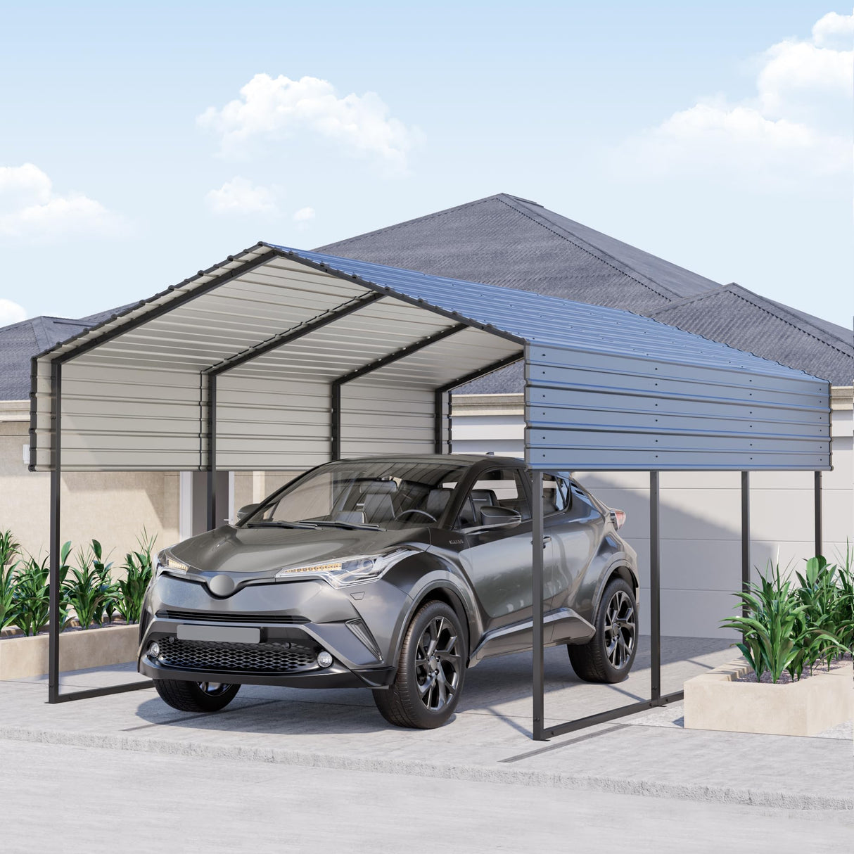 Metal Carport 10'x15'x8.5' Ft Heavy Duty Grey Galvanized Steel Roof Multi-Use Shelter Canopy with Metal Frame, Prefab Carport Garage for Cars, Boats, and Tractors DEYEGELEA