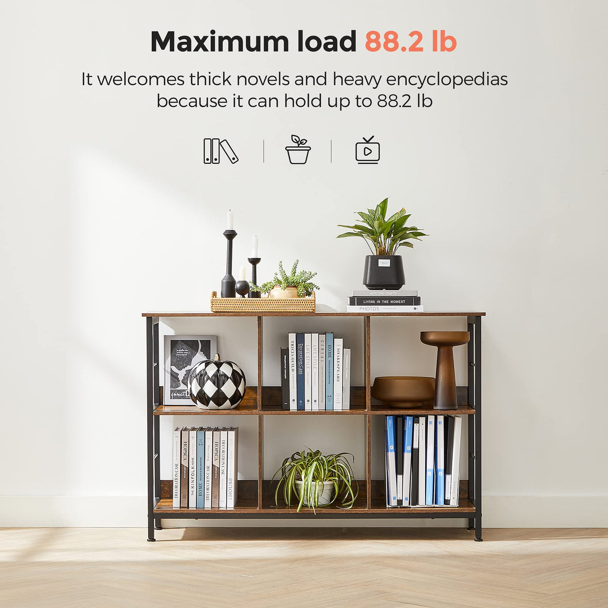 VASAGLE Bookshelf, Cube Shelf, Console Table, TV Stand with 6 Storage Cubes, for Office, Living Room, Bedroom, 13 x 47.2 x 31.5 Inches Industrial Design, Rustic Brown and Black ULLS104B01 VASAGLE