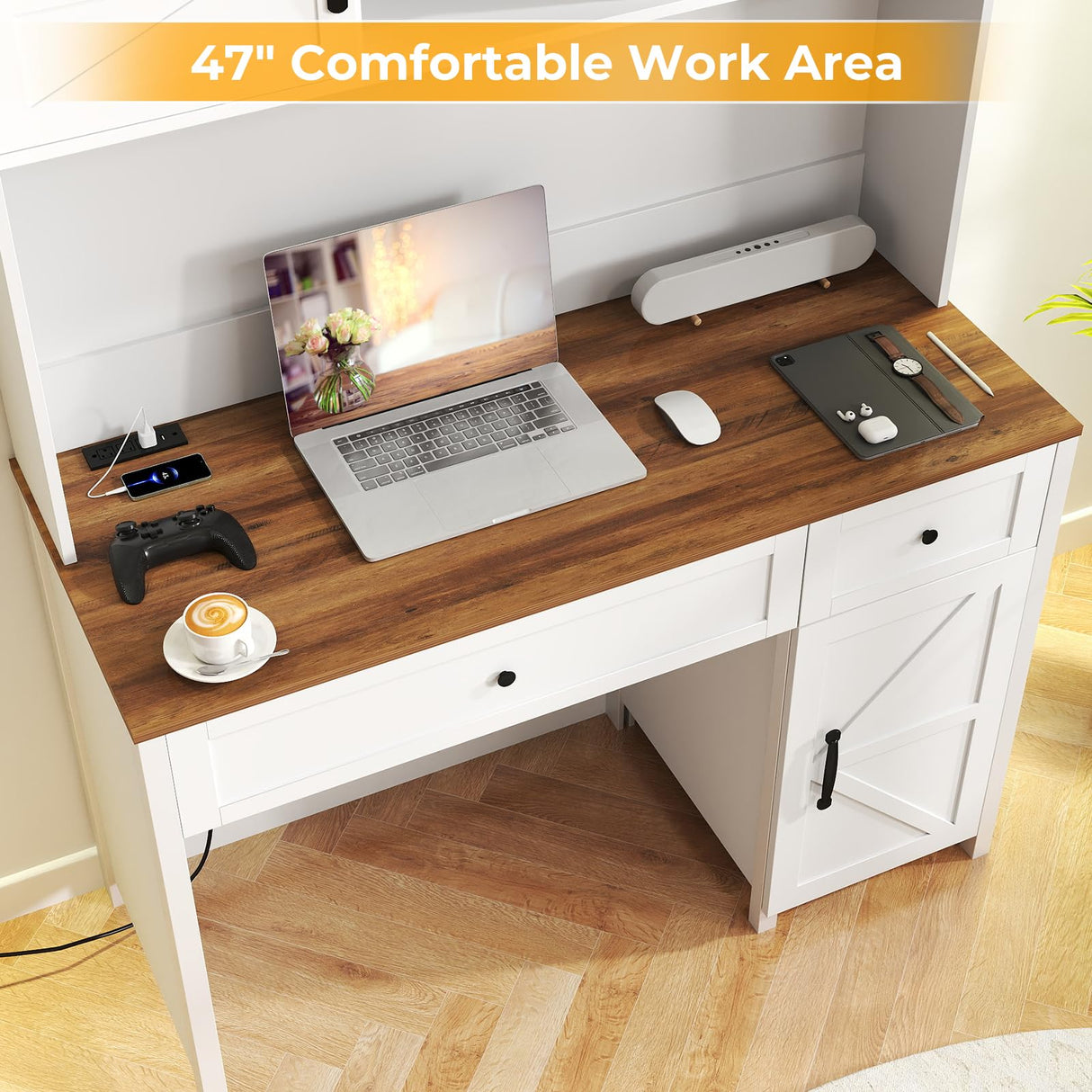 Zevemomo 47" Executive Desk, Computer Desk with Hutch, Farmhouse Desk with 3 Storage Cabinets, 2 Drawers & Built-in Charging Station, Writing Table for Office, Bedroom, Or Study Room-White Zevemomo
