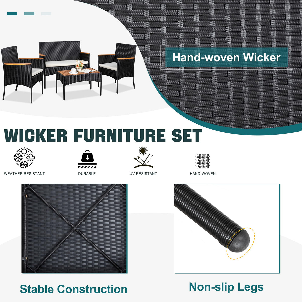 JAMFLY Patio Furniture Set 4 Piece Conversation Set Outdoor Wicker Rattan Chairs Backyard Pool Garden Porch Balcony Patio Loveseat with Cushions and Table, Black/Beige JAMFLY