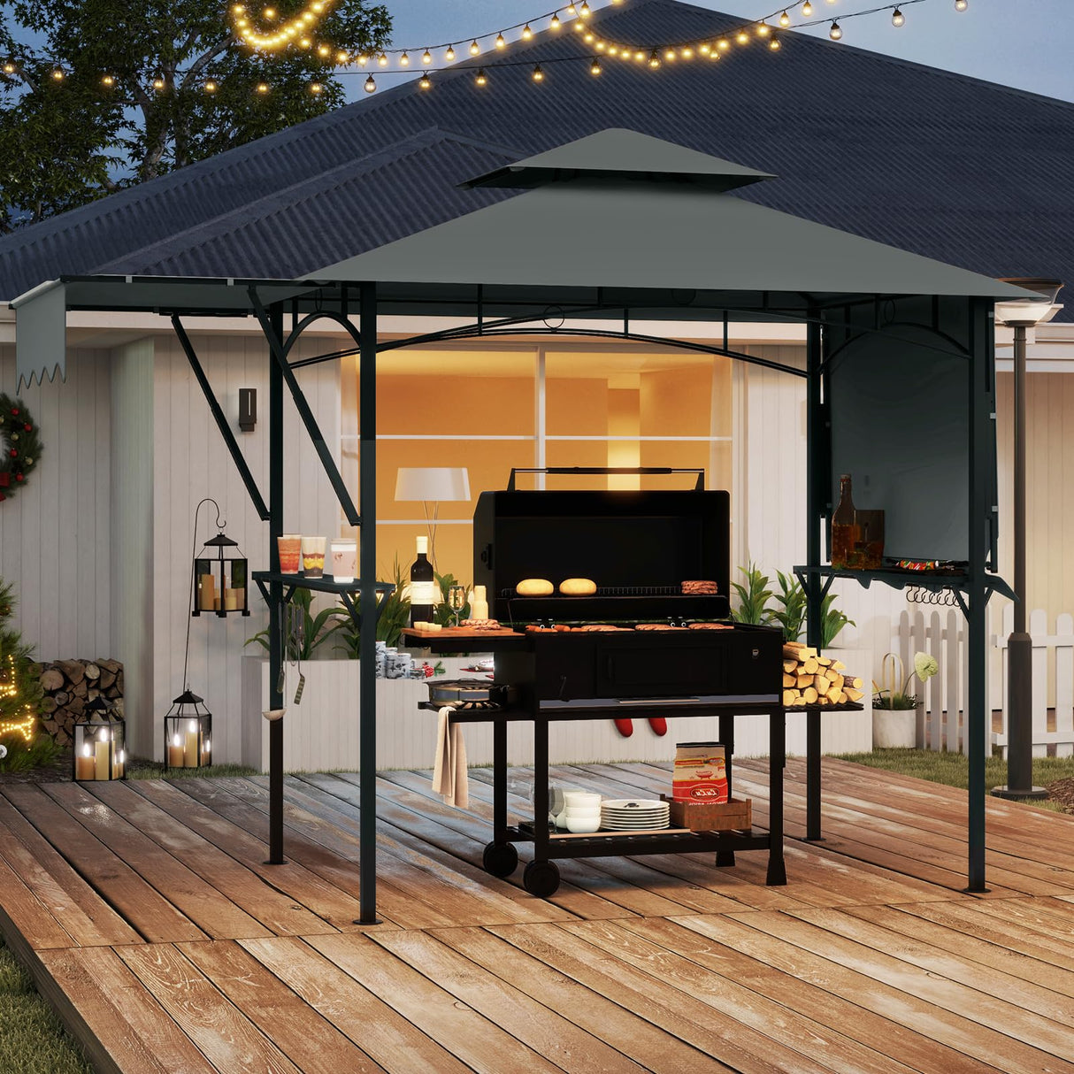 Tangkula 13x5 Ft Grill Gazebo with Dual Side Awnings, 2-Tier Barbecue Gazebo with 2 Shelves, 7 Hooks, Adjustable Shadow, Outdoor Grill Canopy for Backyard Garden Poolside (Grey) Tangkula