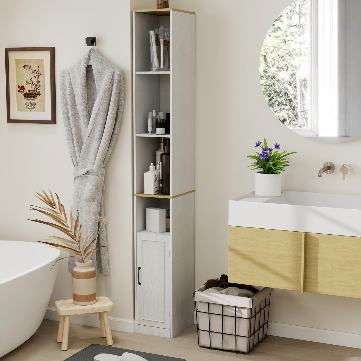 RASOO 72" Tall Narrow Bookcase Slim Storage Cabinet Freestanding Cabinet, 6-Tier Cube Display Rack CD DVD Slim Media Open Shelves Tower Rack, Narrow Bookshelf Display with Door and Adjustable Shelf RASOO