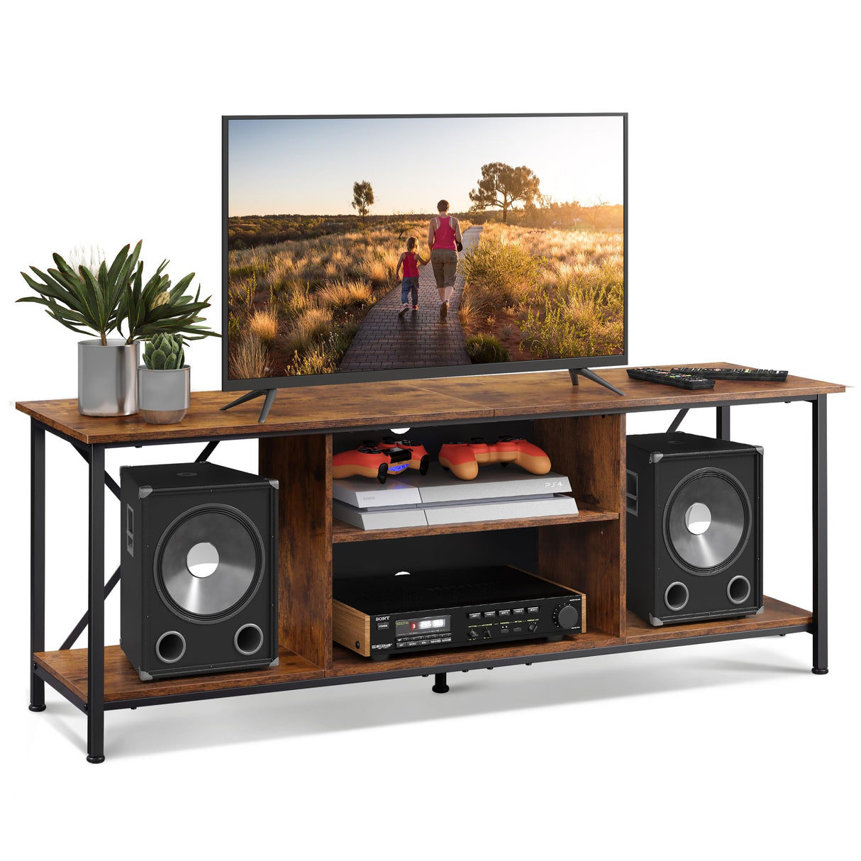 WLIVE TV Stand up to 65 Inch TV, 55" Entertainment Center, Industrial TV Console with Open Storage Shelf for Living Room and Bedroom, Rustic Brown WLIVE