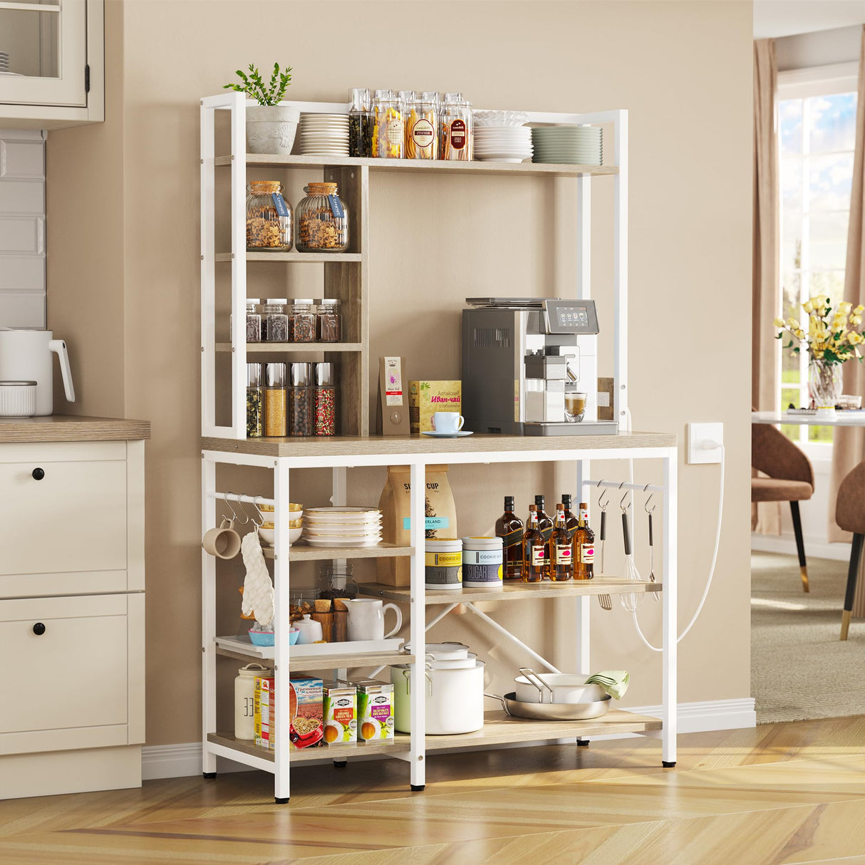 YITAHOME Microwave Stand Bakers Rack w Power Outlet, Coffee Bar Kitchen Freestanding Utility Storage Shelf for Pantry Appliance Spice Pot Pan Organizer w Thickened Counter 6 Hook 39", Oak & White YITAHOME