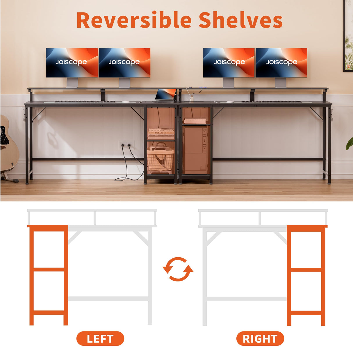 JOISCOPE Home Office Desk with Power Outlets (3AC, USB, Type-C), 60 × 20 Inch Computer Desk with Reversible Shelves, Laptop Table with Display Riser, Gaming Study Drafting Table for Bedroom, Black JOISCOPE