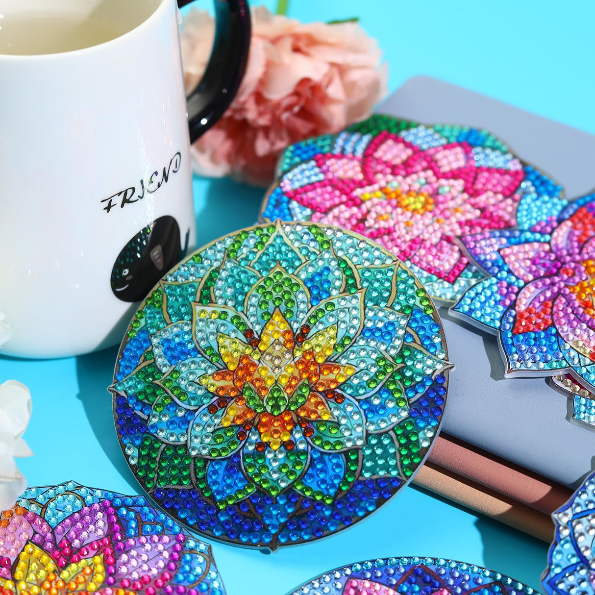 8 PCS Lotus Diamond Art Coasters Kits, Diamond Painting Coasters with Holder Set of 8, DIY Drink Coasters Art Crafts Supplies for Adults Cup Mat for Home Decor House Warming Gifts Non-Slip 3.9inch FOXKISS