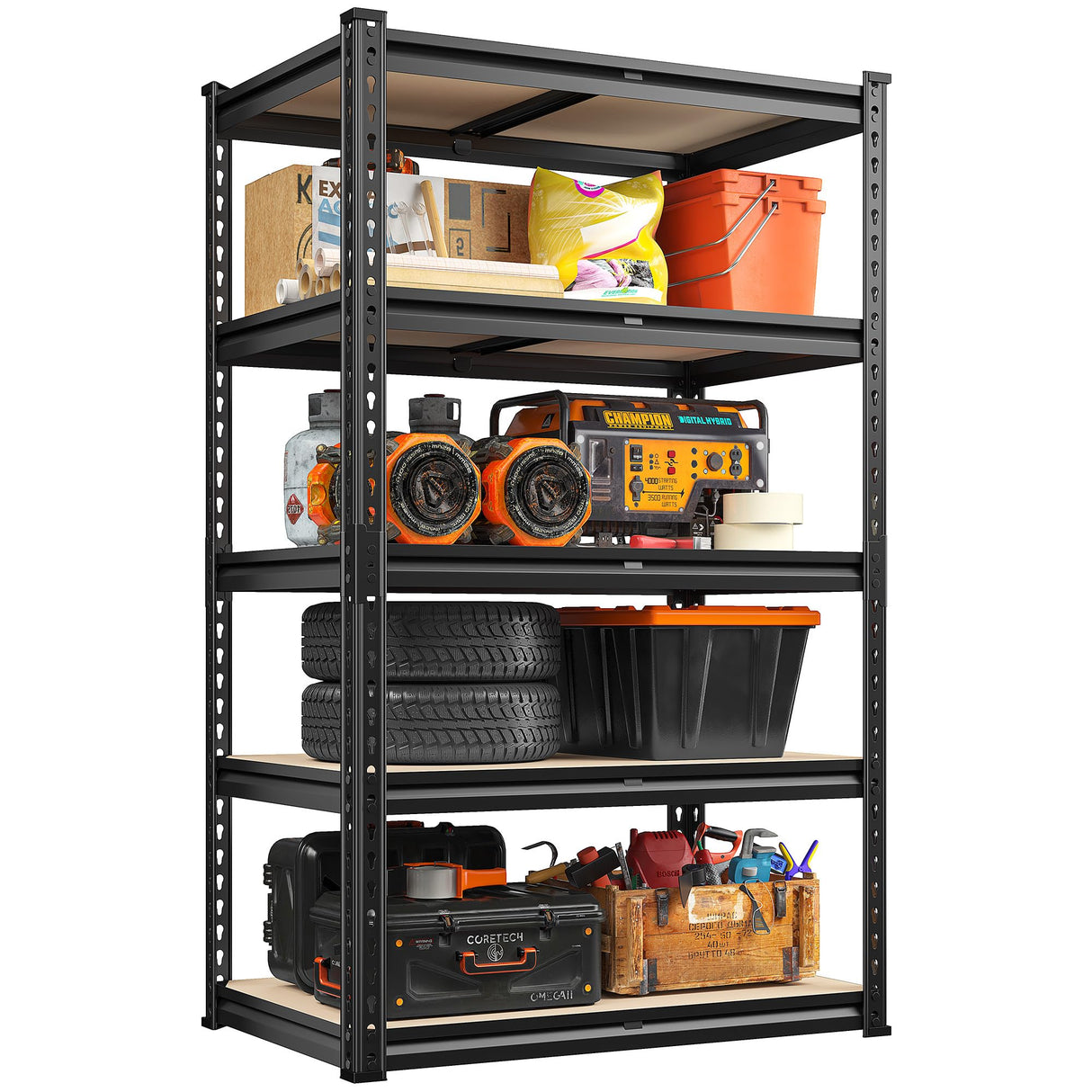 REIBII Garage Shelving 2000LBS Storage Shelves Heavy Duty Shelving 5 Tier Adjustable Metal Shelves Sturdy Storage Rack for Garage Pantry Closet Kitchen Basement 60" H x 28" W x 14" D REIBII