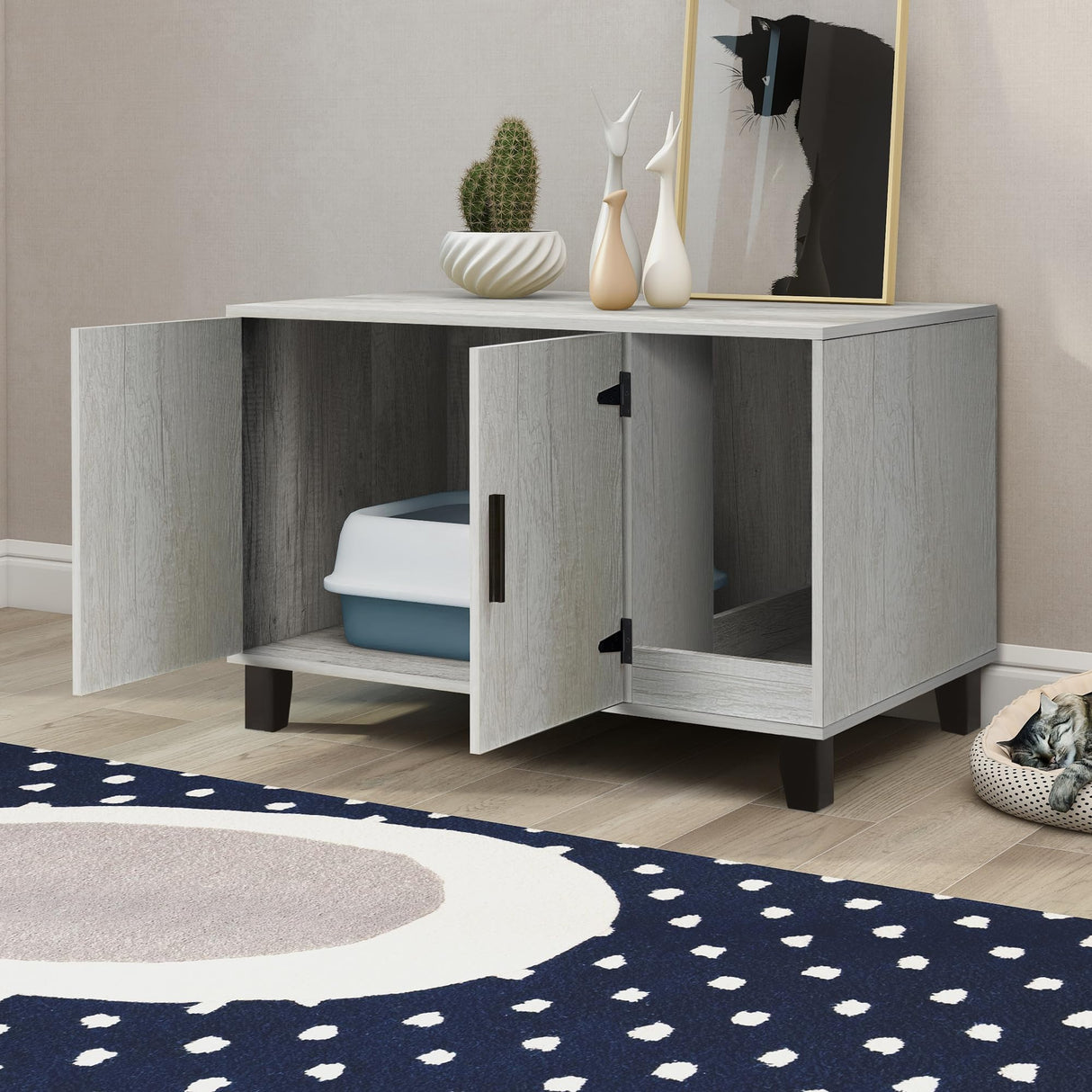 TaoHFE Litter Box Enclosure Cat Litter Box Furniture Hidden With Cat Scratch Pad Decorative Farmhouse Wooden Hidden Litter Box Cat House Litterbox Furniture Cat Box Furniture Litter Box Cabinet (Pine) TaoHFE