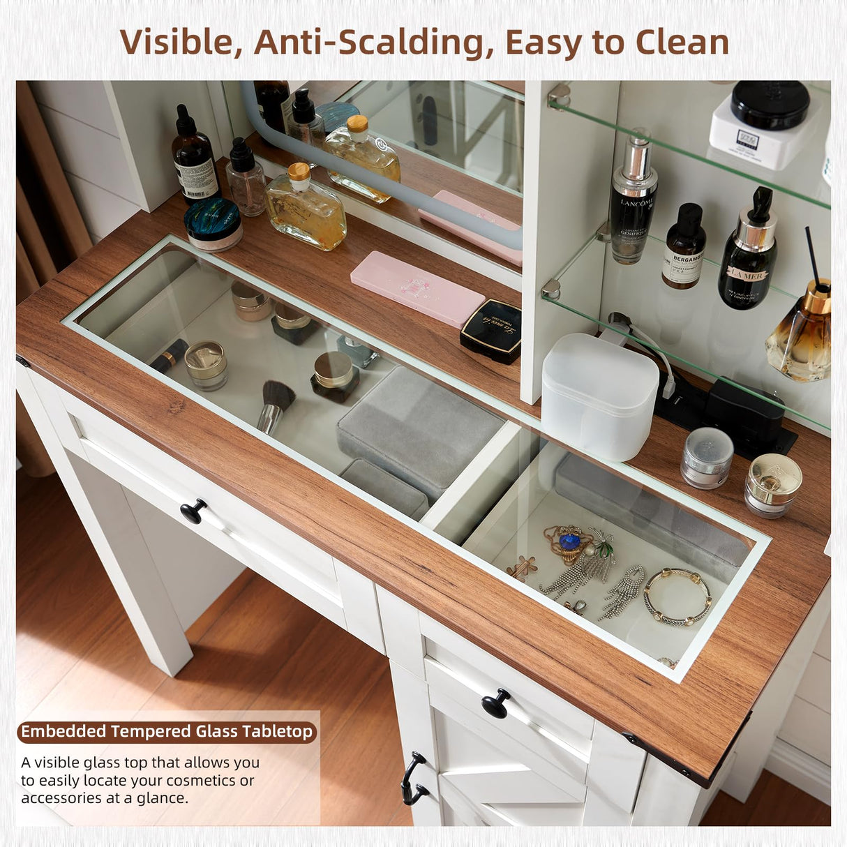 Vanity Desk with Mirror and Lights, Makeup Vanity Desk with Charging Station, Farmhouse Makeup Desk with 3 Adjustable Lighting Modes, Bedroom Vanity for Girls, Women GAMTUE