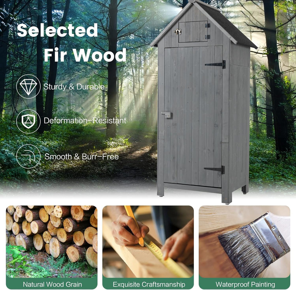 Outdoor Storage Cabinet, Garden Wood Tool Shed, Outside Wooden Shed Closet with Shelves and Latch for Yard, Patio, Deck and Porch,30.3”L X 21.3”W X 70.5”H (Grey) Anwick