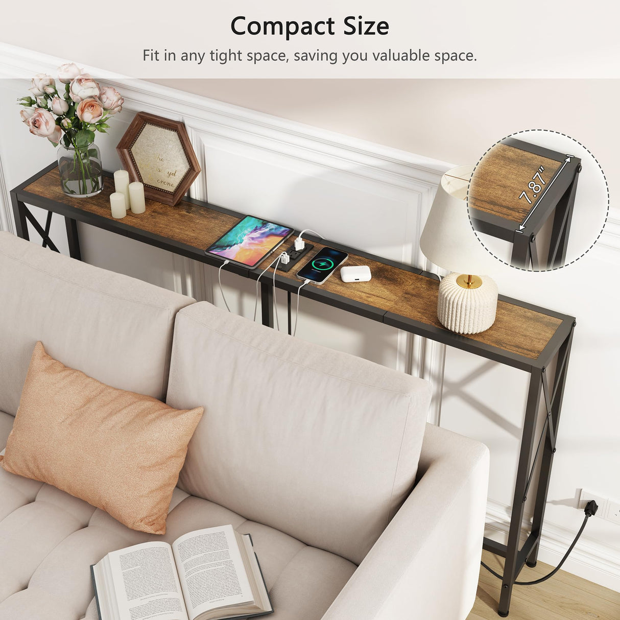 Gewudraw Console Table with 2 AC Oulets & 2 USB Ports, 55.1" Narrow Sofa Table, Entryway Table, Industrial Sofa Table for Hallway, Living Room, Bedroom, Long Console Table, 6.5 Feet Power Cord Gewudraw