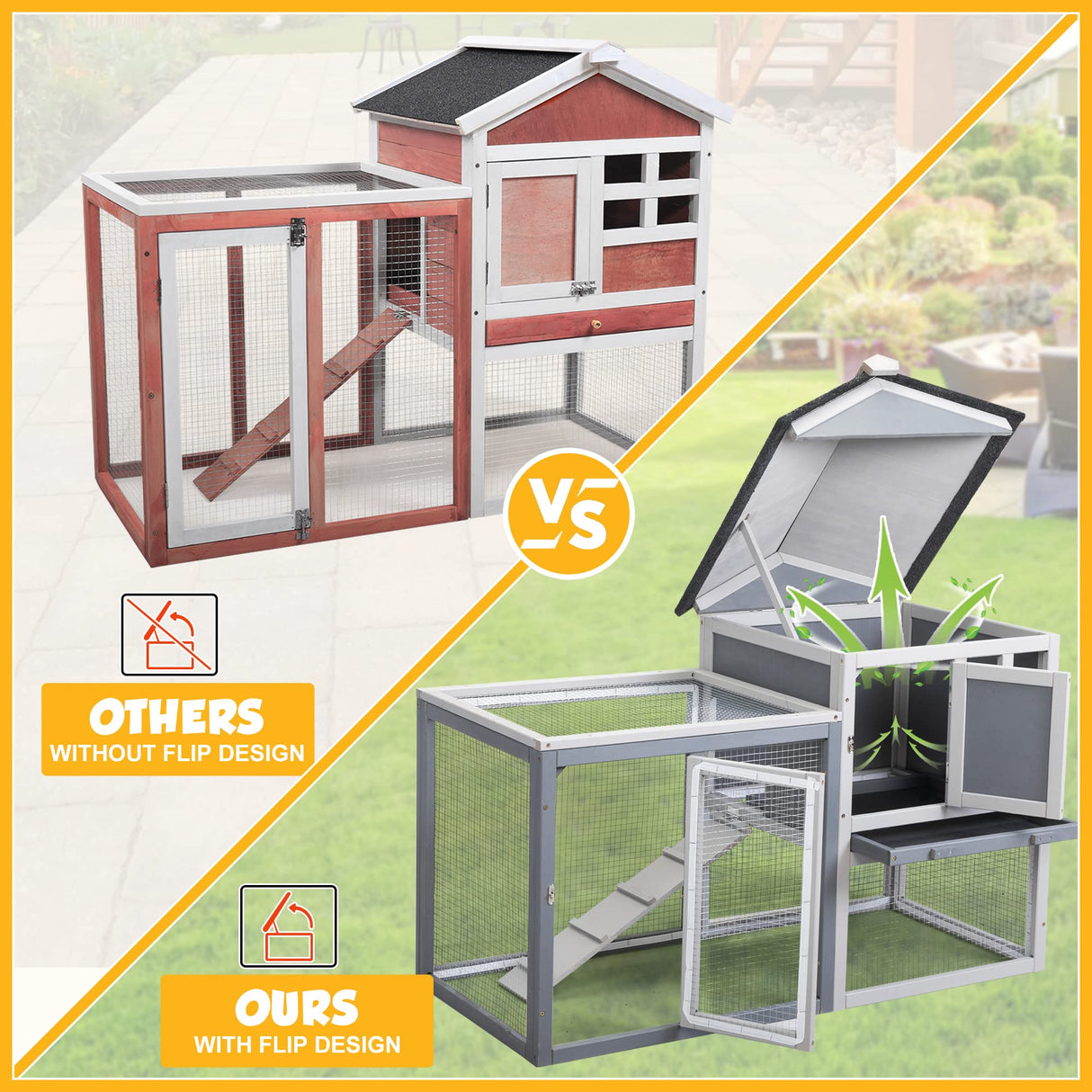 Rabbit Hutch Indoor Bunny Cage Outdoor Wooden Chicken Coop Small Animal Enclosure with Pull Out Tray & Weatherproof Asphalt Roof,48" L x 24" W x 35" H Orange COZIVVOVV