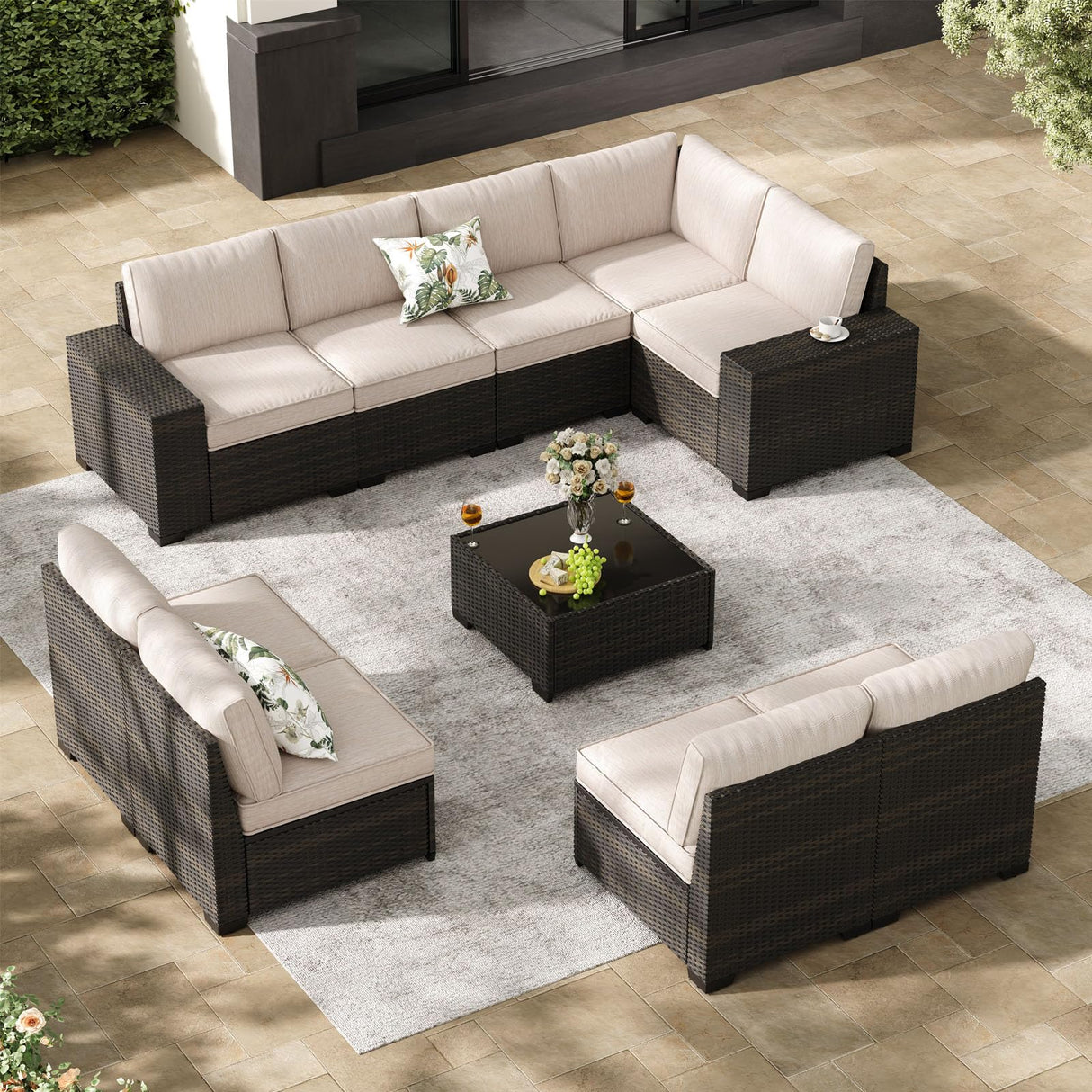 Jing's Villa 10-Piece Patio Furniture Set, All-Weather Outdoor Wicker Sectional Sofa with Cushions, Glass Table & Left and Right Armrest, Rattan Conversation Seating for Porch, Garden, Backyard,Beige Jing's Villa
