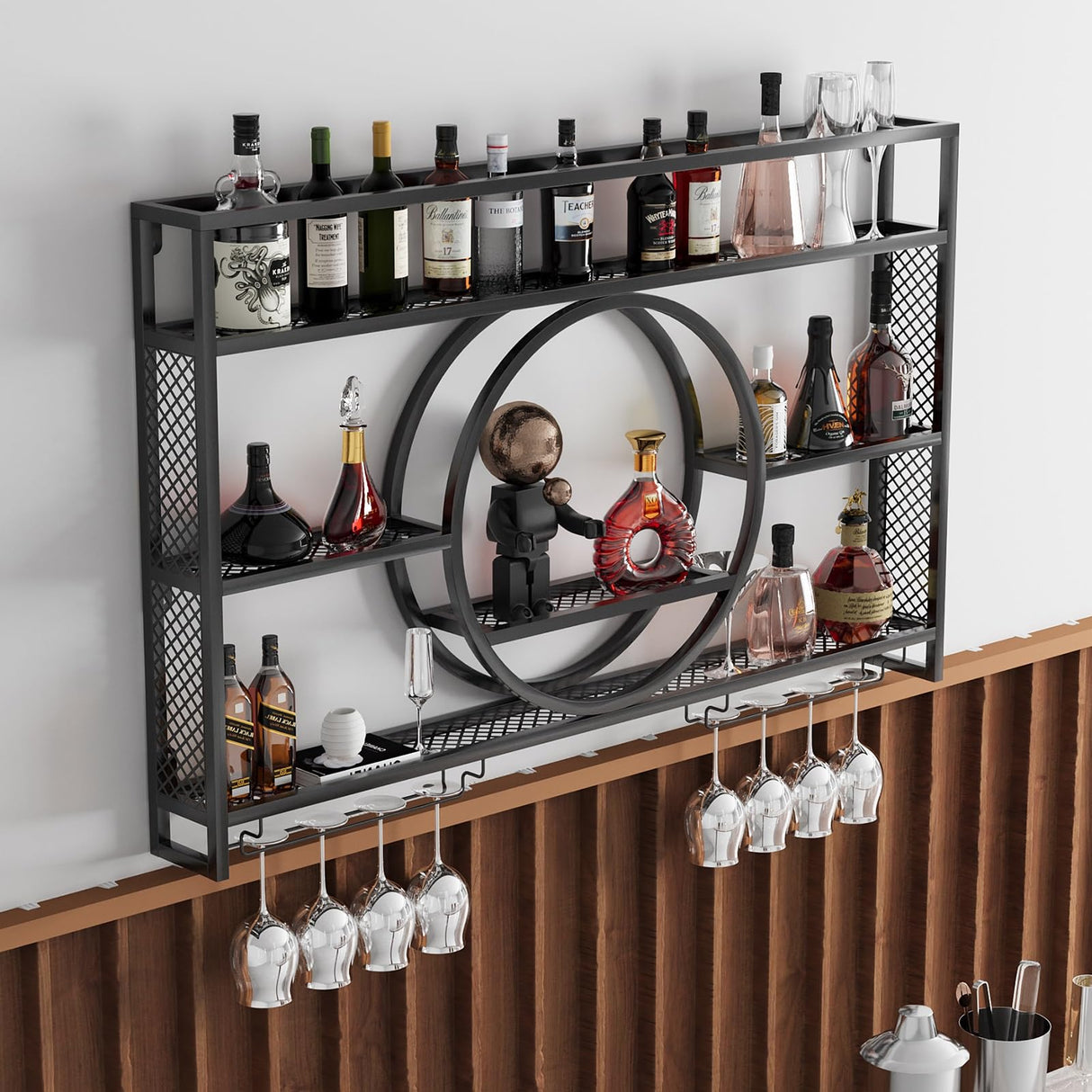 Wine Rack Wall Mounted 3 Tier Metal, Floating Shelves For Kitchen With LED Light, Hanging Floating Bar Liquor Bottles Bar Wall Shelves, Liquor Bar Display Shelf, For Home Bars Kitchen(Black,100x80x15c Qxgylz