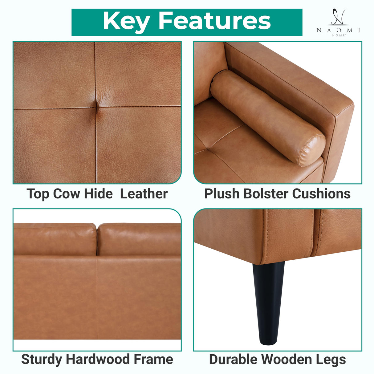 Naomi Home Mid-Century Top Grain Genuine Leather Loveseat, Love Seat Sofa Bed Sleeper, Love Seats Furniture for Small Spaces, Modern Loveseats Sofas for Living Room, Bedroom - Tan Naomi Home