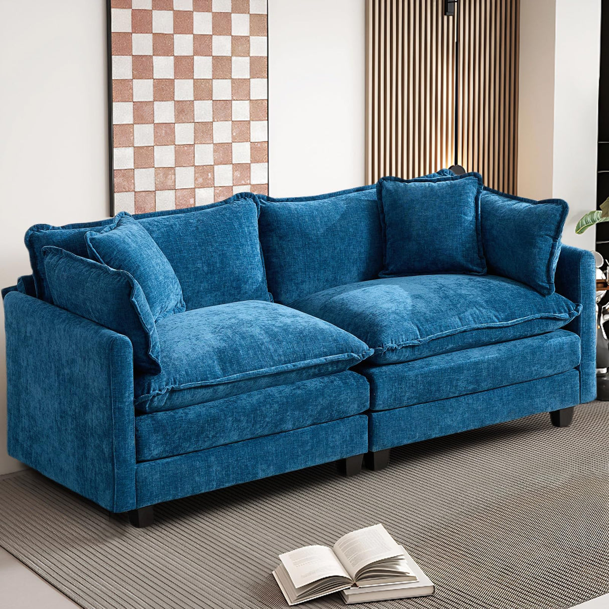 SoarFlash 71.6" Chenille Sectional Sofa, Comfy Modular Loveseat Sofa, Modern 2-Seat Couch Deep Seat Sofa Set for Living Room,Blue SoarFlash