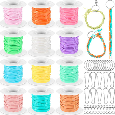 Gimp String Kit, 12 Rolls Lanyard String Plastic Lacing Cord 131yd Elastic Boondoggle Summer Gimp Bracelet Lanyard for Friendship Bracelets Making Jewelry DIY Summer Craft Weaving Kit(Macaron Color)