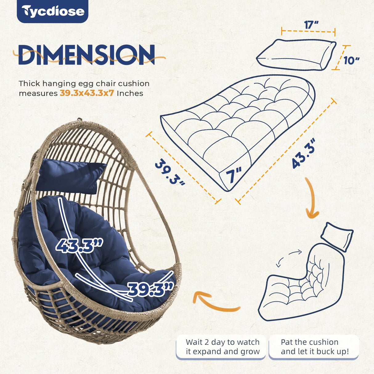 Tycdiose Outdoor Hanging Egg Chair Cushion Replacement, Thicken Egg Chair Cushion Waterproof Basket Eggs Chairs Cushion with Headrest Pillow, U-Shaped Cushions for Hanging Eggs Chairs Swing (Blue) Tycdiose