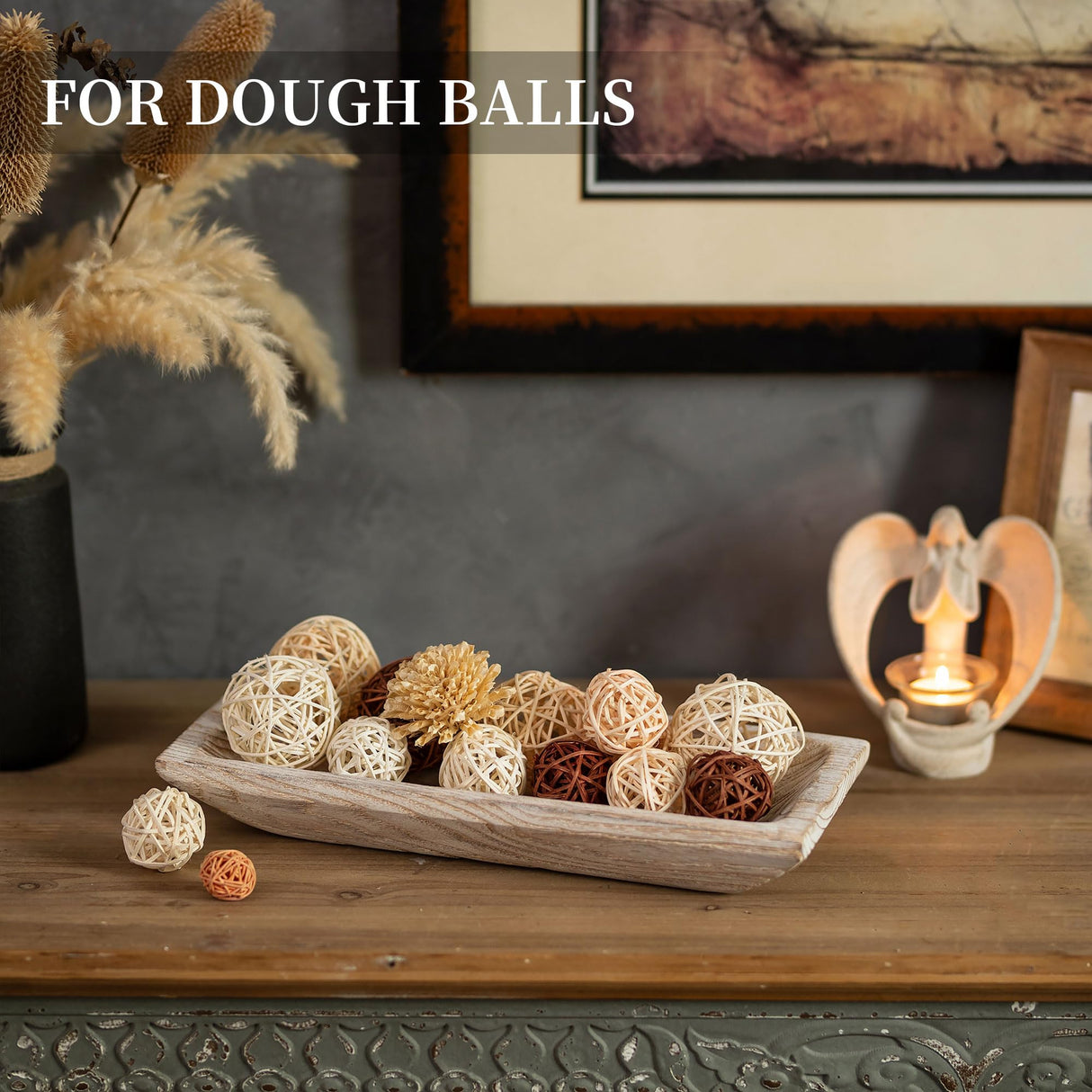 Hanobe Decorative Wood Dough Bowl: Long Wooden Centerpiece Table Decorations Natural Candle Holder Tray Decor Rustic Unfinished Trough Centerpieces for Dining Room Kitchen, White Hanobe