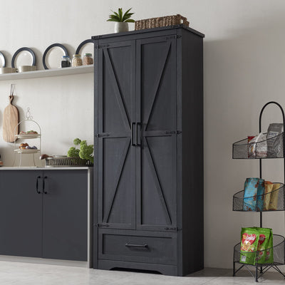 JXQTLINGMU 72" Tall Farmhouse Kitchen Pantry with Adjustable Shelves, Wood Storage Cabinet with Drawer & 2 Barn Doors, Versatile Storage for Dining Room, Bathroom, Living Room, Antique Black