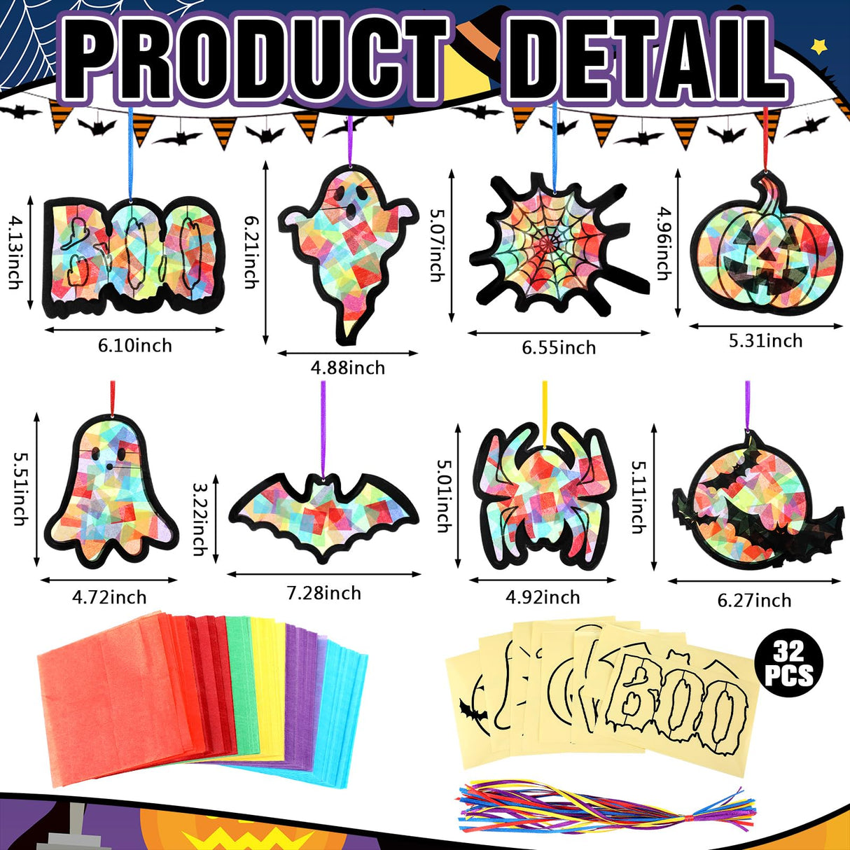 Eersida 32 Pcs Halloween Suncatchers Paper Craft Set DIY Ghost Pumpkin Spider Shaped Stained Glass Tissue Paper Kits Bulk for Window Classroom Activities Art Halloween Party Decorations Favors Gift Eersida