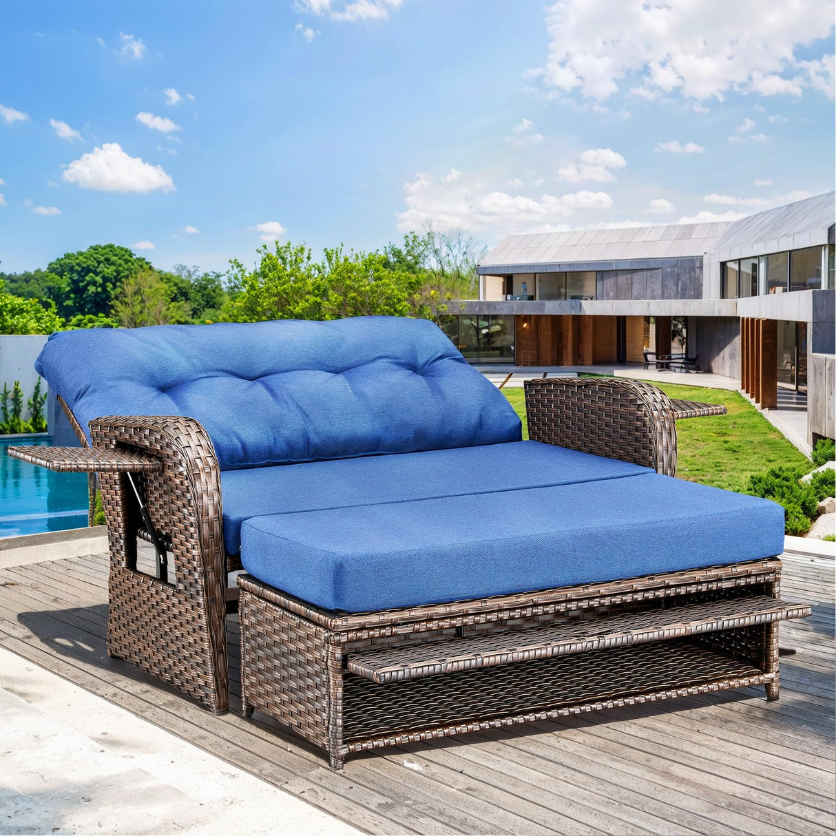 Bellefurn Patio Rattan Daybed, Wicker Recliner Loveseat for Two with Multifunctional Recliner and Stowable Side Tray, 5 Level Adjustable Backrest (Brown Wicker/Blue Cushion) Bellefurn