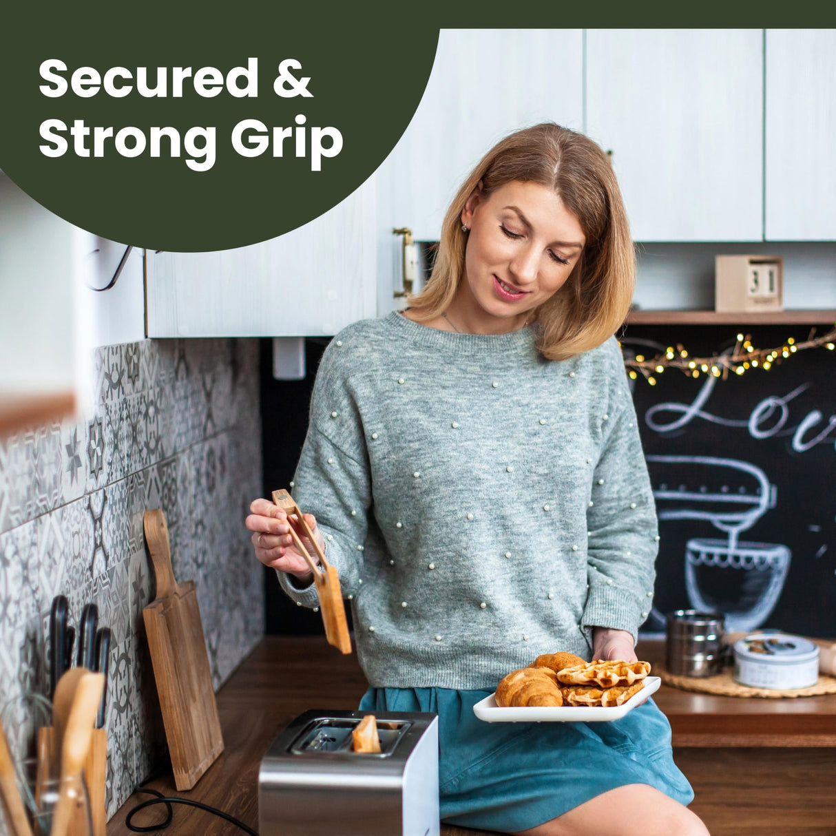 Toaster Tongs With Magnet | Kitchen Utensils For Cooking and Holding Toast Bacon Muffin Bagel Bread | 8 Inch Long Natural Non Toxic Bamboo Three Way Cut