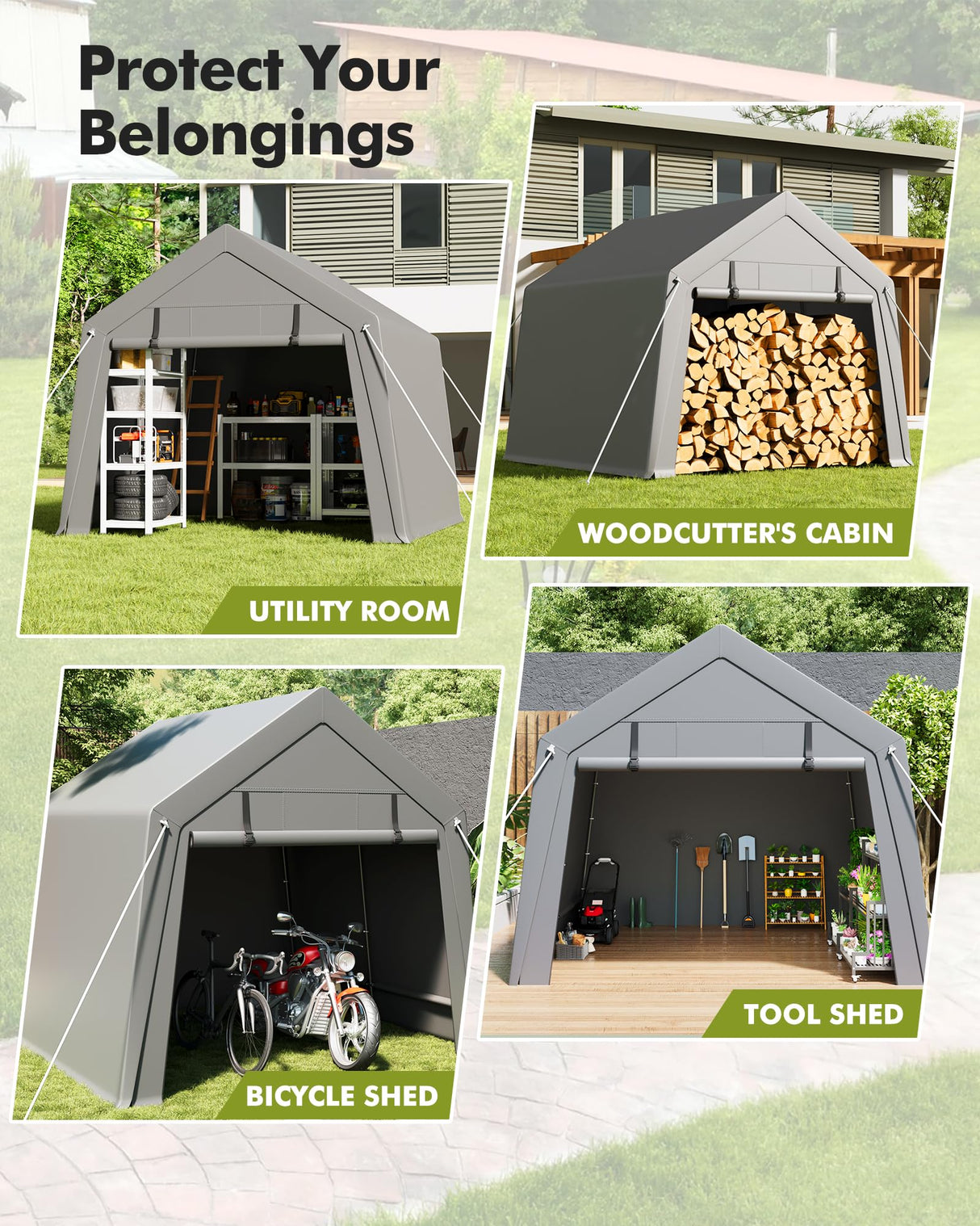 GarveeLife 10 x 10 ft Carport Storage Shed, Portable Garage with Roll-up Zipper Door, Heavy Duty Waterproof Tarp, Storage for Motorcycle, Bike, Firewood, Garden Tools GarveeLife