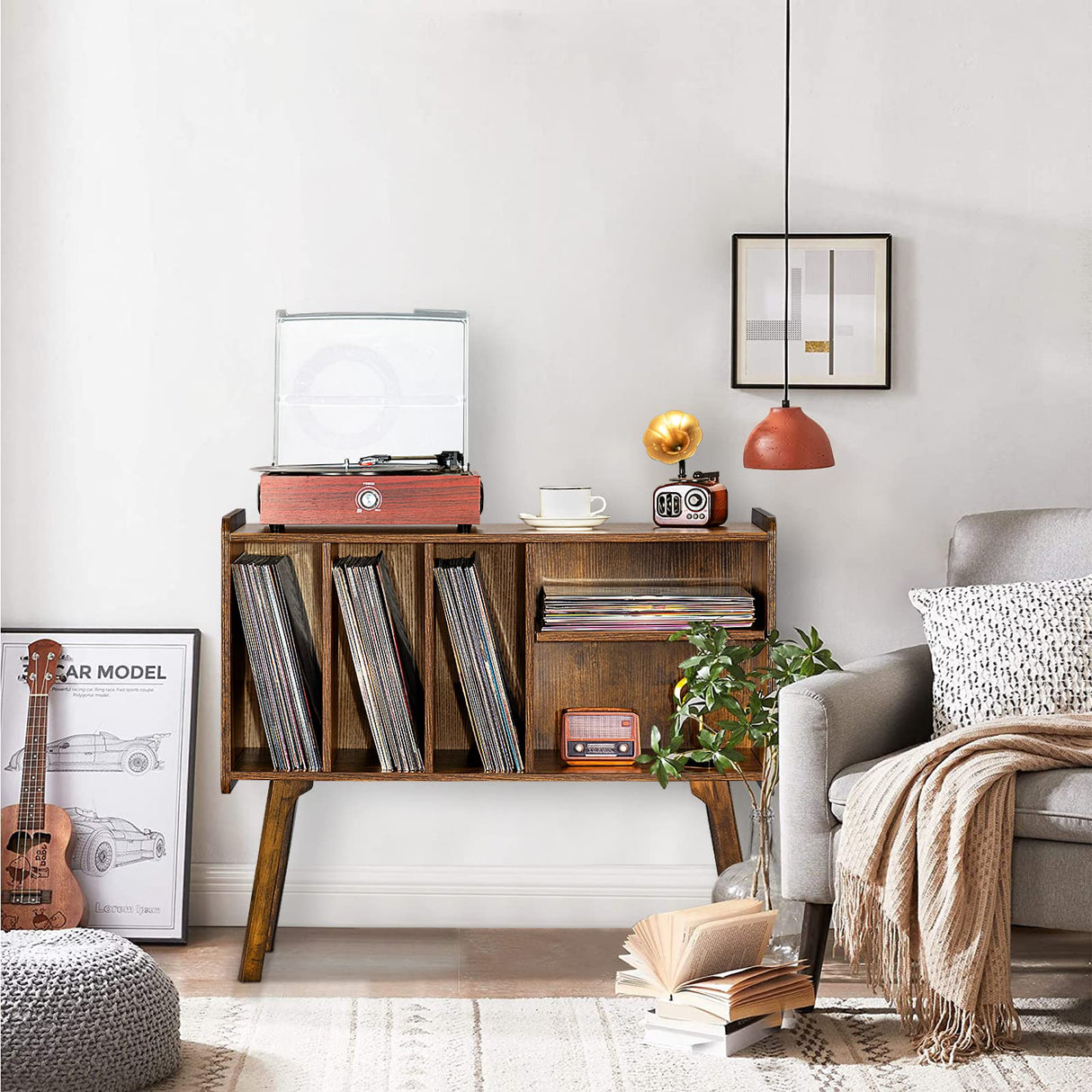 Lerliuo Record Player Stand with 4 Cabinet Holds Up to 220 Albums, Large Turntable Stand with Beech Wood Legs, Mid-Century Record Player Table,Brown Vinyl Holder Storage Shelf for Bedroom Living Room Lerliuo