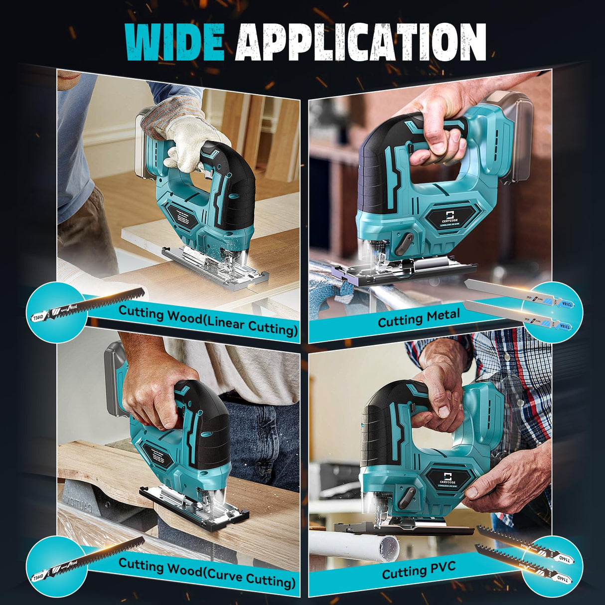 Jig Saw for Makita 18V Battery, Cordless Jigsaw Tool Brushless Motor, Variable Speed, Bevel Angle (0°-45°), LED Light with 3 Position Orbital Setting for Straight/Curve/Circle/Cutts (No Battery) Cerycose