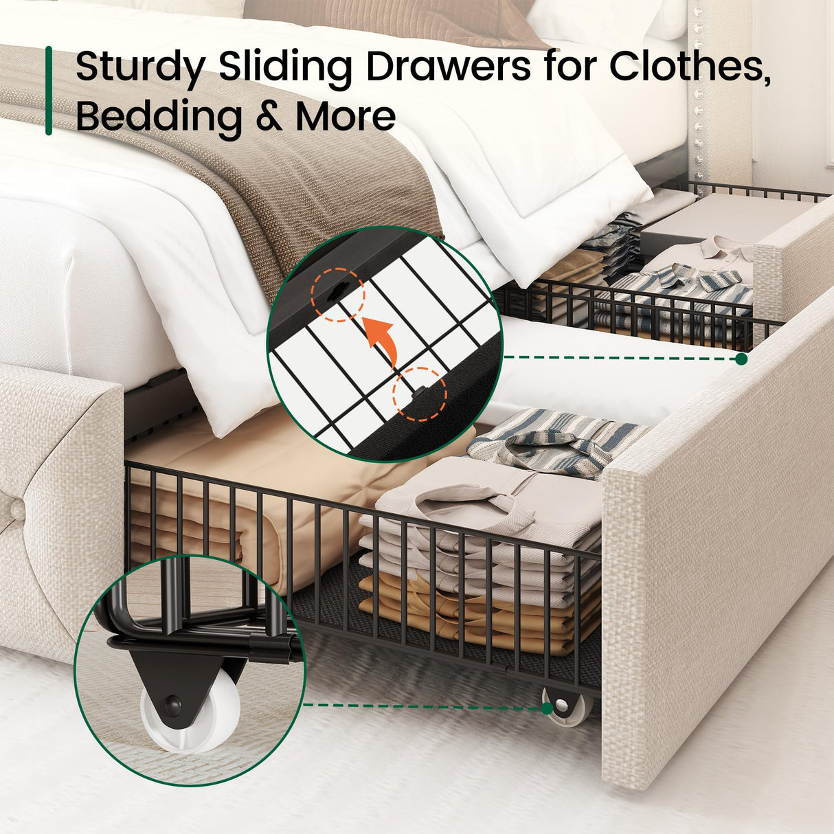 LARMACE Queen Size Bed Frame with LED Lights and 4 Storage Drawers Linen Upholstered Platform Bed Frame with Tufted Headboard Wingback, No Box Spring Needed, Easy to Assemble, Beige LARMACE