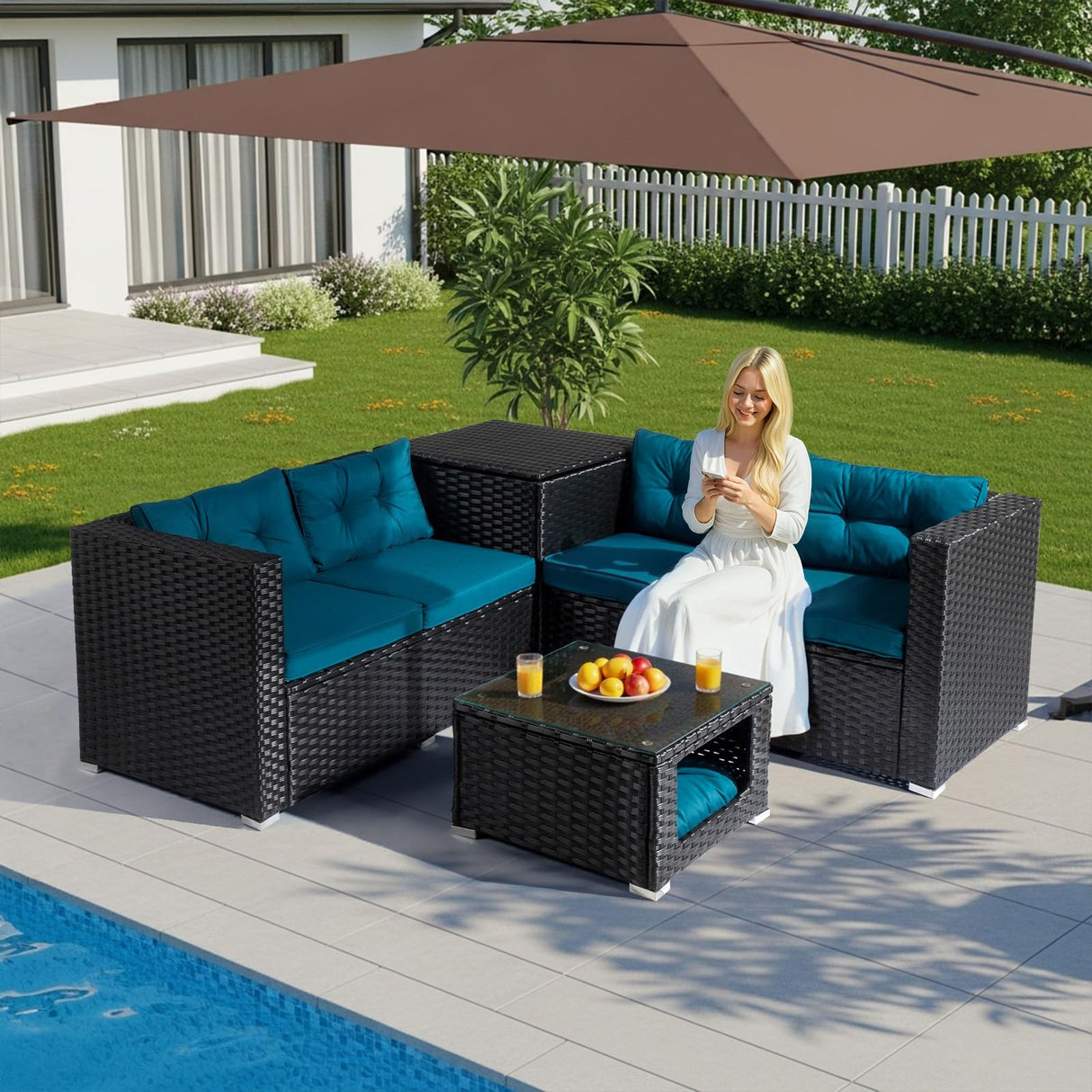 VINGLI 4 Pieces Outdoor Sectional Wicker Patio Furniture Set, Patio Sectional Sofa with Hidden Storage Outdoor Conversation Set, Glass Top Coffee Table for Backyard, Pool, Garden(Black) VINGLI