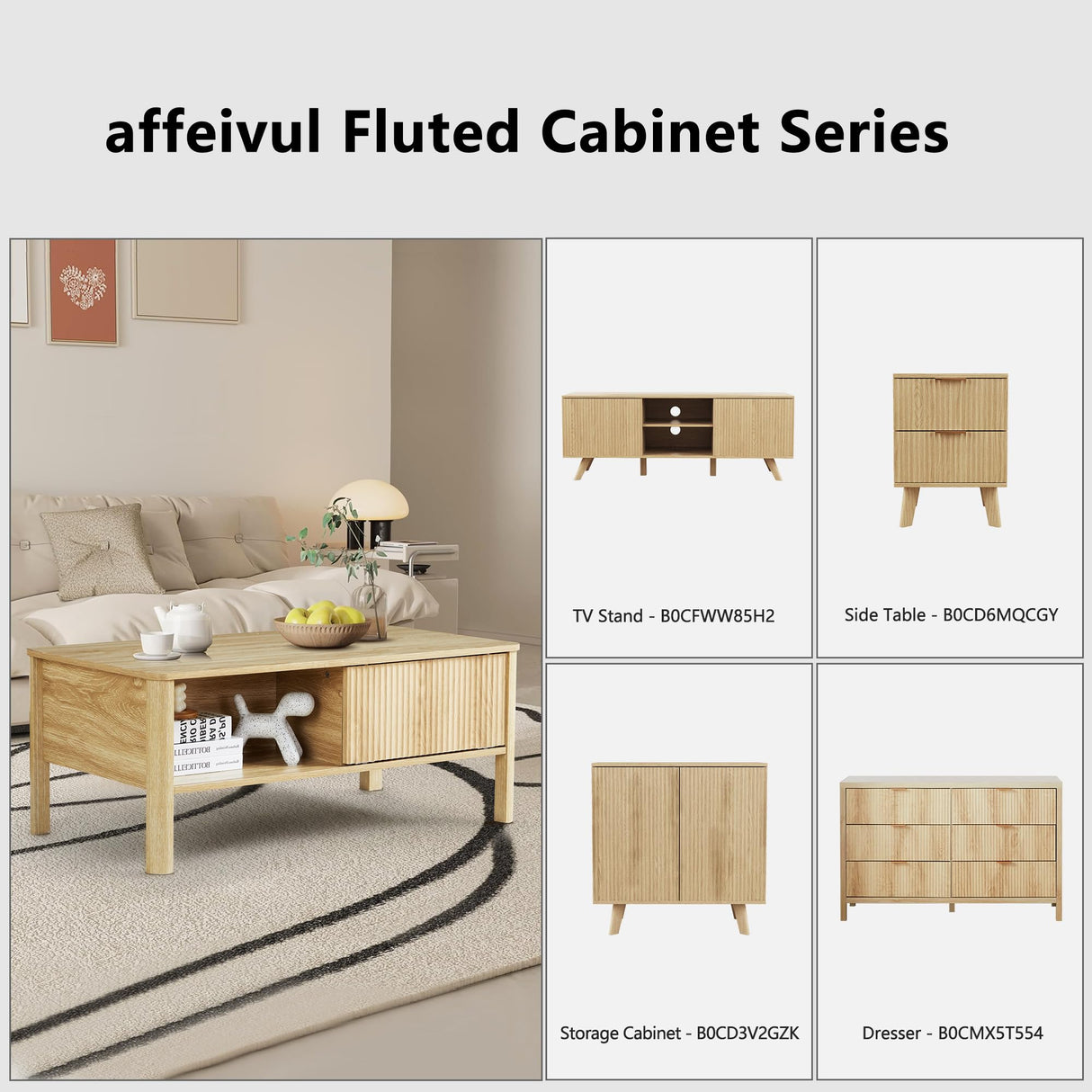 affeivul Rectangle Fluted Coffee Table with Storage and Sliding Drawers, Light Wood Coffee Table, Mid Century Modern Coffee Table Boho Style, Low for Living Room/Bedroom/Office (Natural) affeivul