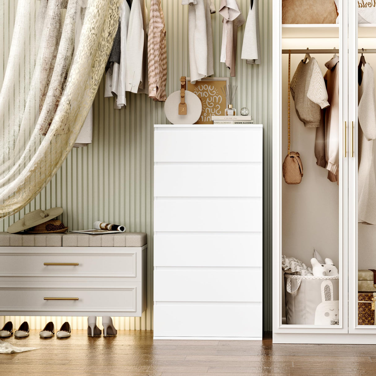 FOTOSOK White Dresser, 6 Drawer Dresser, Modern Tall Floor Storage Cabinet with Metal Sliding Rail, Wooden Handleless Drawer Cabinet, 6-Layer Large Capacity Vertical Dressers for Home & Office FOTOSOK