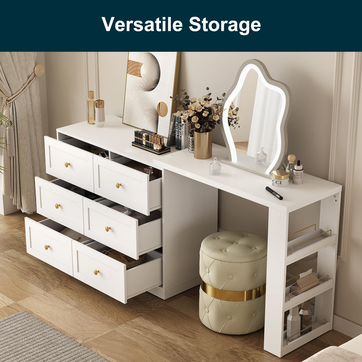 RoyalCraft Vanity Desk and Dresser Combo, 67" Extendable Makeup Vanity Table with Drawers and 3 Side Shelves, Wood Dressing Table for Bedroom, Dressing Room, White RoyalCraft