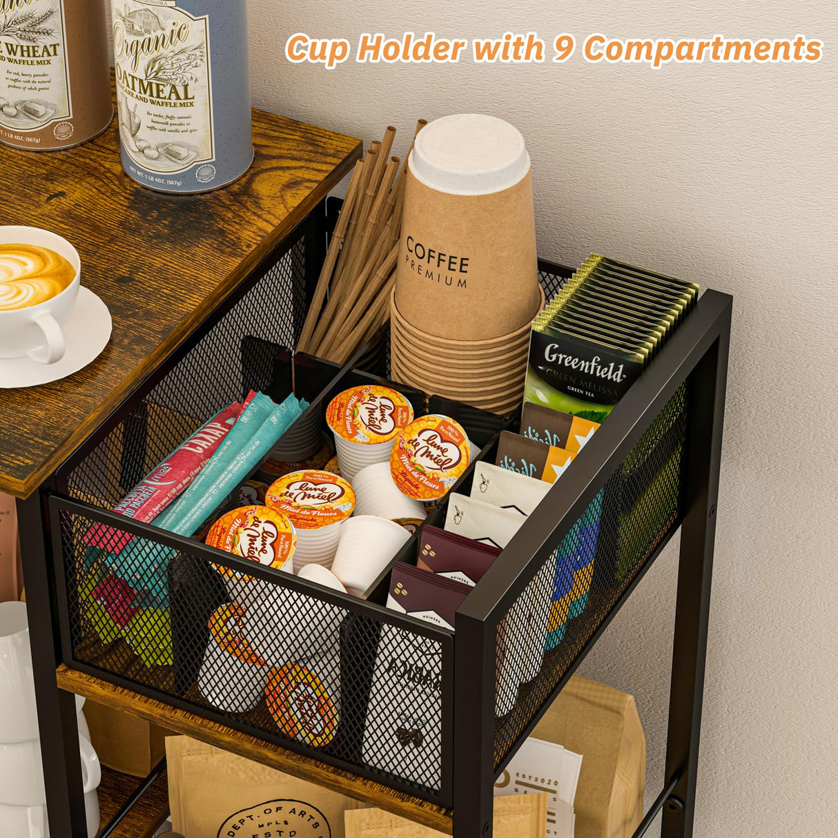 keomaisyto Coffee Bar Station, Coffee Station Cabinet with Dividers for Organizing Coffee Accessories, Farmhouse Coffee Stand, 3 Tier Coffee Table for Living Room/Entryway/Kitchen keomaisyto