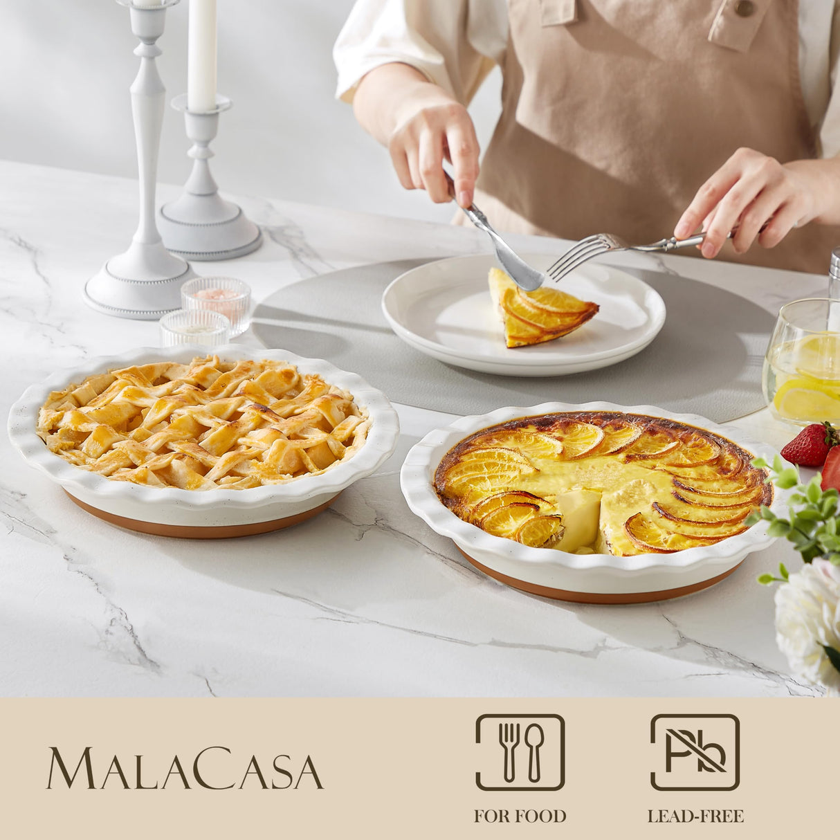 MALACASA Ceramic Pie Pan Set of 2-9 Inch Quiche Baking Dish Deep Pie Dish, Nonstick Pie Plate for Apple Pie,Pot Pie and Tart, Series TARA MALACASA