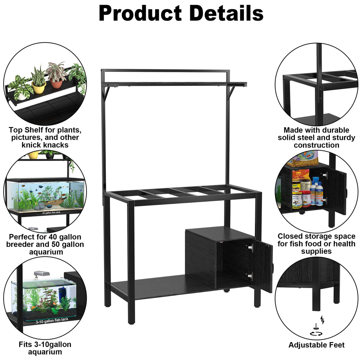 GDLF 40-50 Gallon Fish Tank Stand with Plant Shelf Metal Aquarium Stand with Cubby Storage 36.6" x 18.5" Tabletop fits Aquarium,Turtle Tank,or Reptile Terrariums GDLF