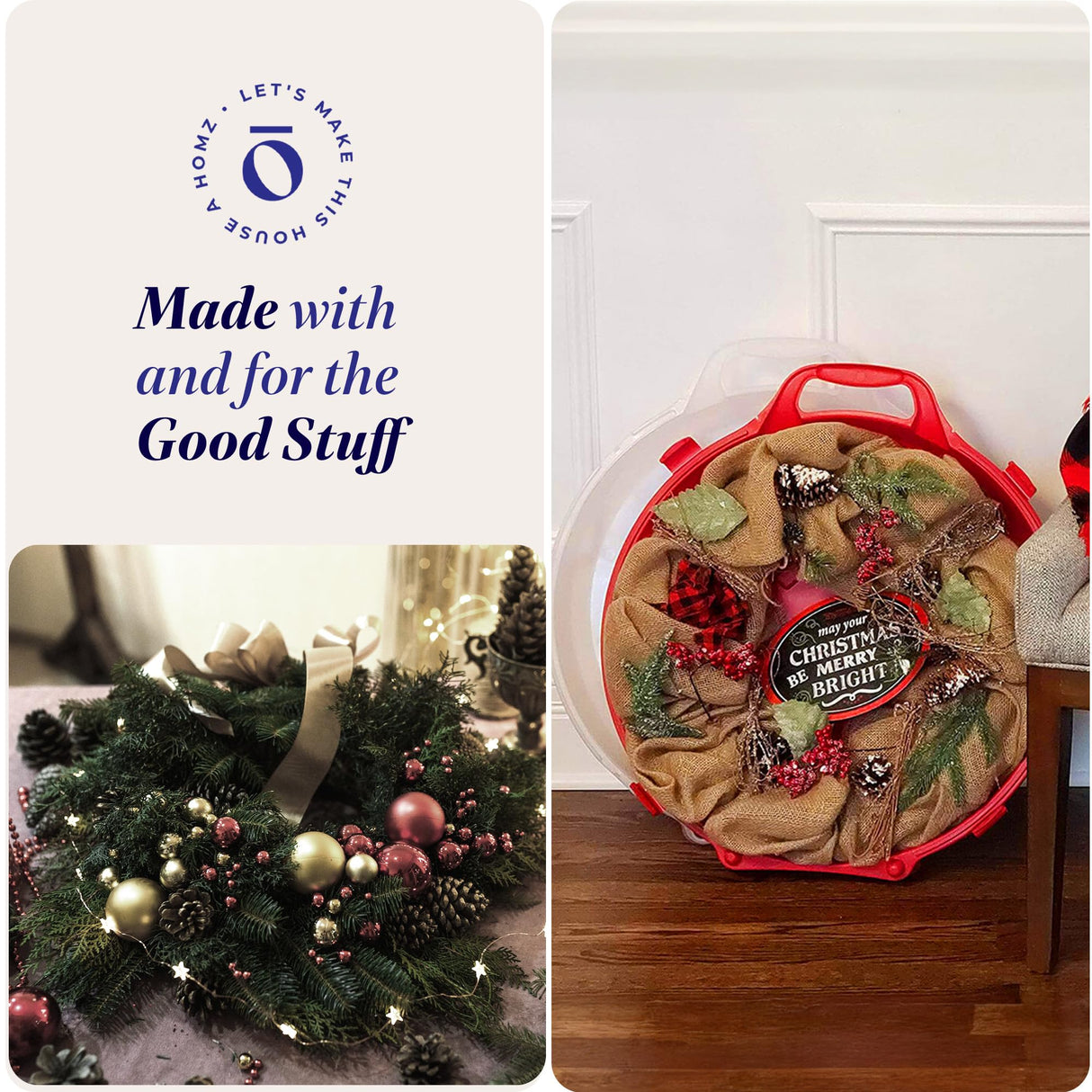 HOMZ 6-Pack Seasonal Holiday, Decorative Wreath Storage Organizer, 24 Inch, Red & Clear - Stackable Plastic Containers for Christmas Ornament Decorations HOMZ