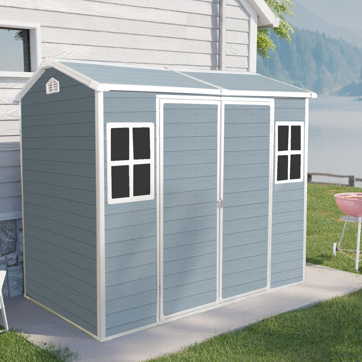 8 FT x 4 FT Resin Outdoor Storage Shed with Two-Window and Double Lockable Door, Plastic Shed with Floor for Gargen, Patio, Yard, Lawn WoodArtSupply